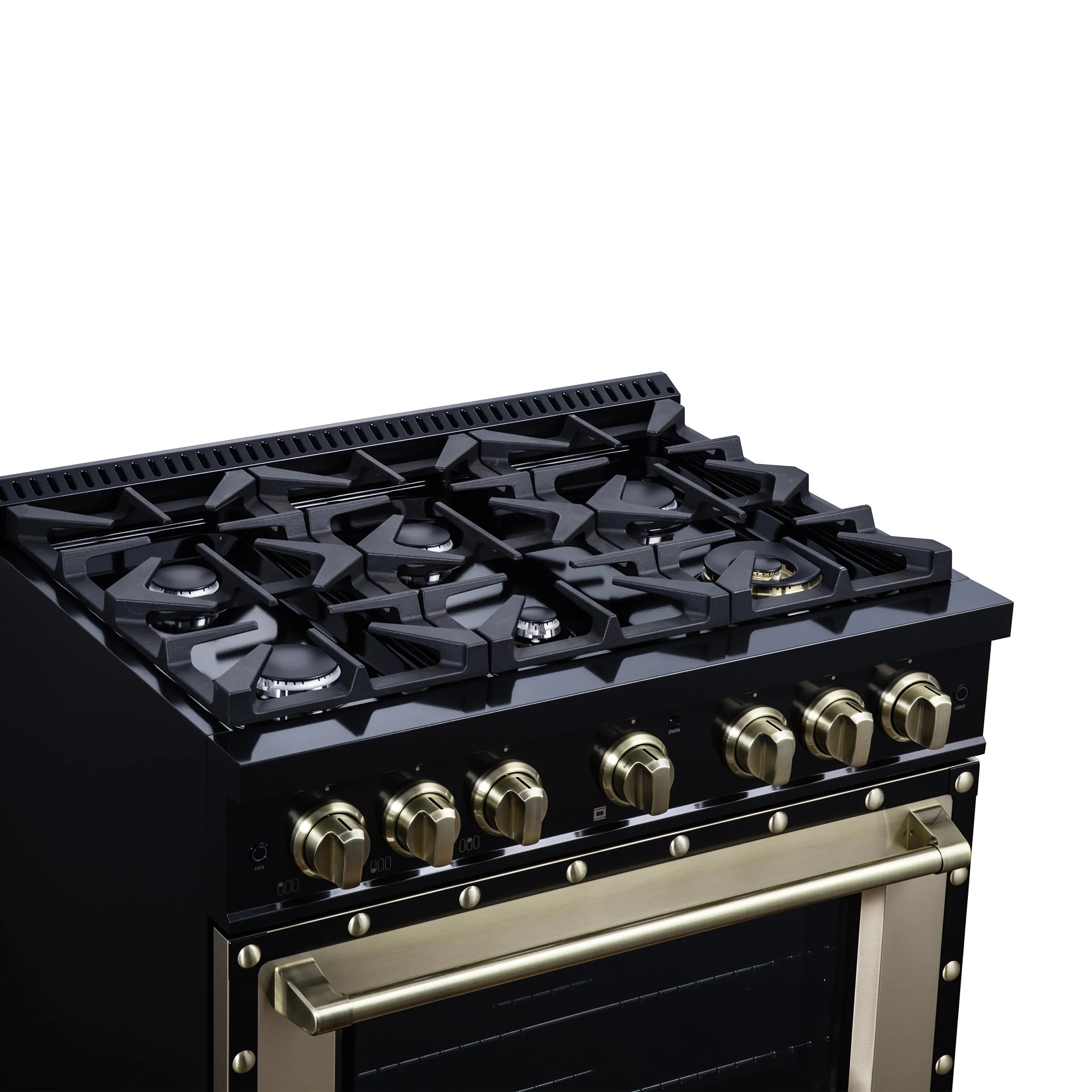 FORNO Valente 36-Inch Dual Fuel Range in Black with Antique Brass Handle and Decorative Copper Trim, 5.2 Cu. Ft. Convection Oven, 6 Sealed Burners, 71,000 BTU (FFSGS6199-36CPBLK)