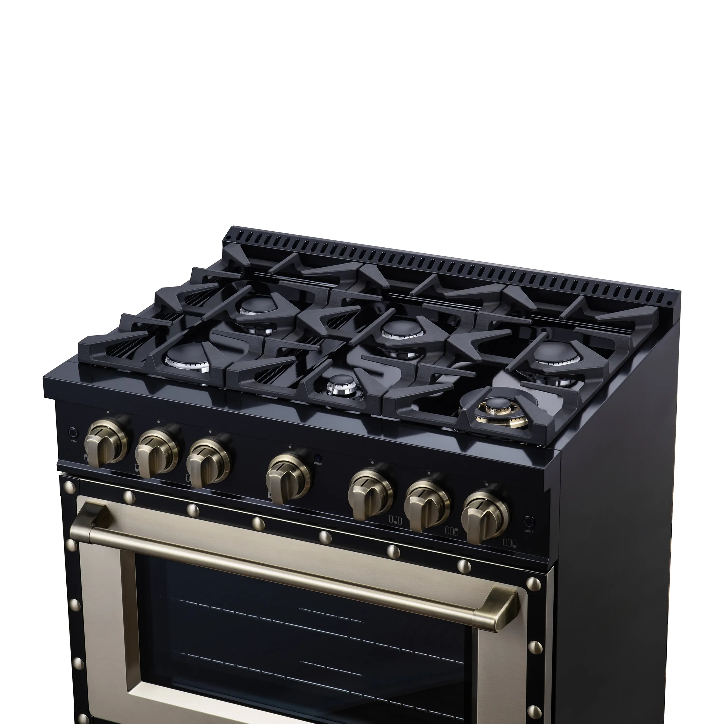 FORNO Valente 36-Inch Dual Fuel Range in Black with Antique Brass Handle and Decorative Copper Trim, 5.2 Cu. Ft. Convection Oven, 6 Sealed Burners, 71,000 BTU (FFSGS6199-36CPBLK)