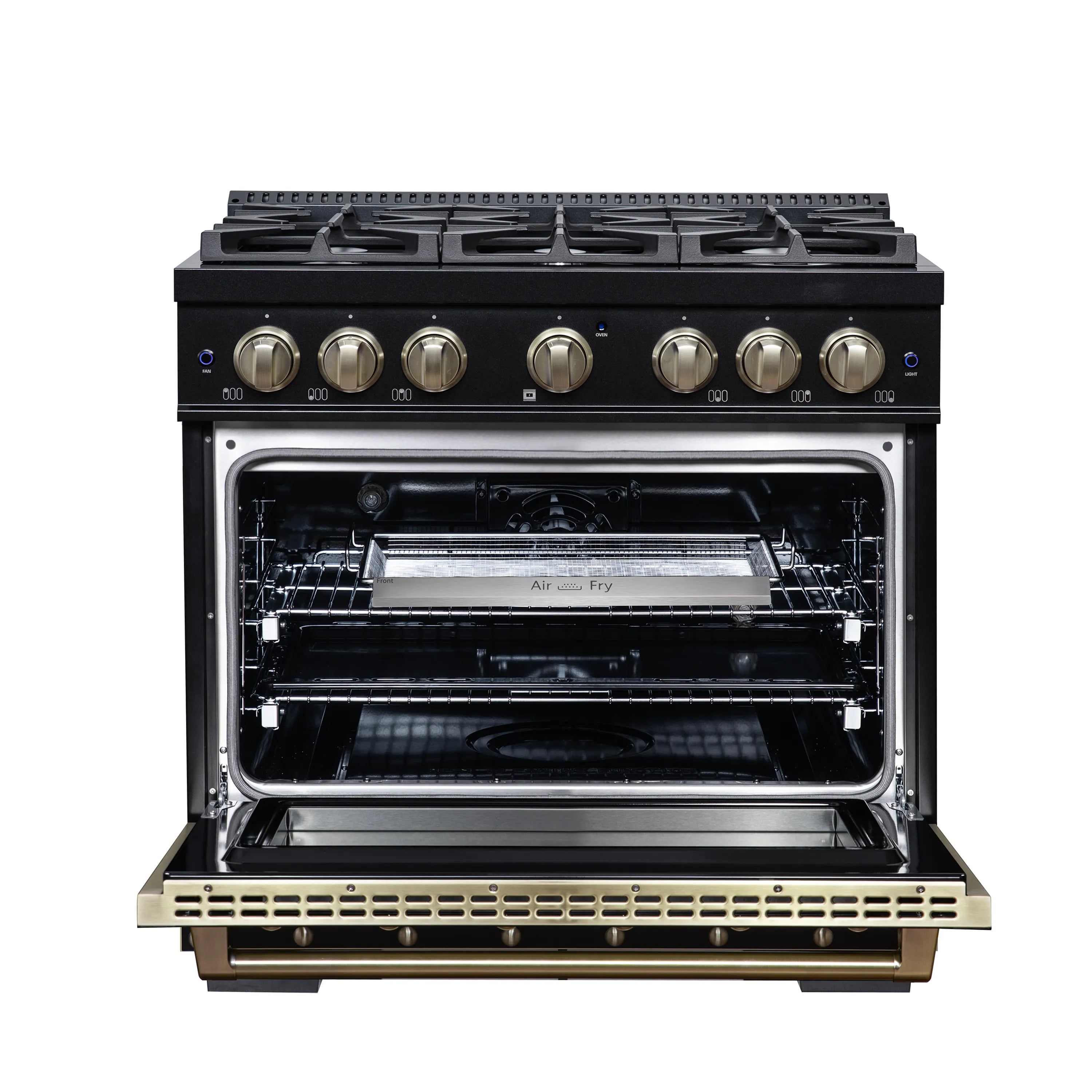 FORNO Valente 36-Inch Dual Fuel Range in Black with Antique Brass Handle and Decorative Copper Trim, 5.2 Cu. Ft. Convection Oven, 6 Sealed Burners, 71,000 BTU (FFSGS6199-36CPBLK)
