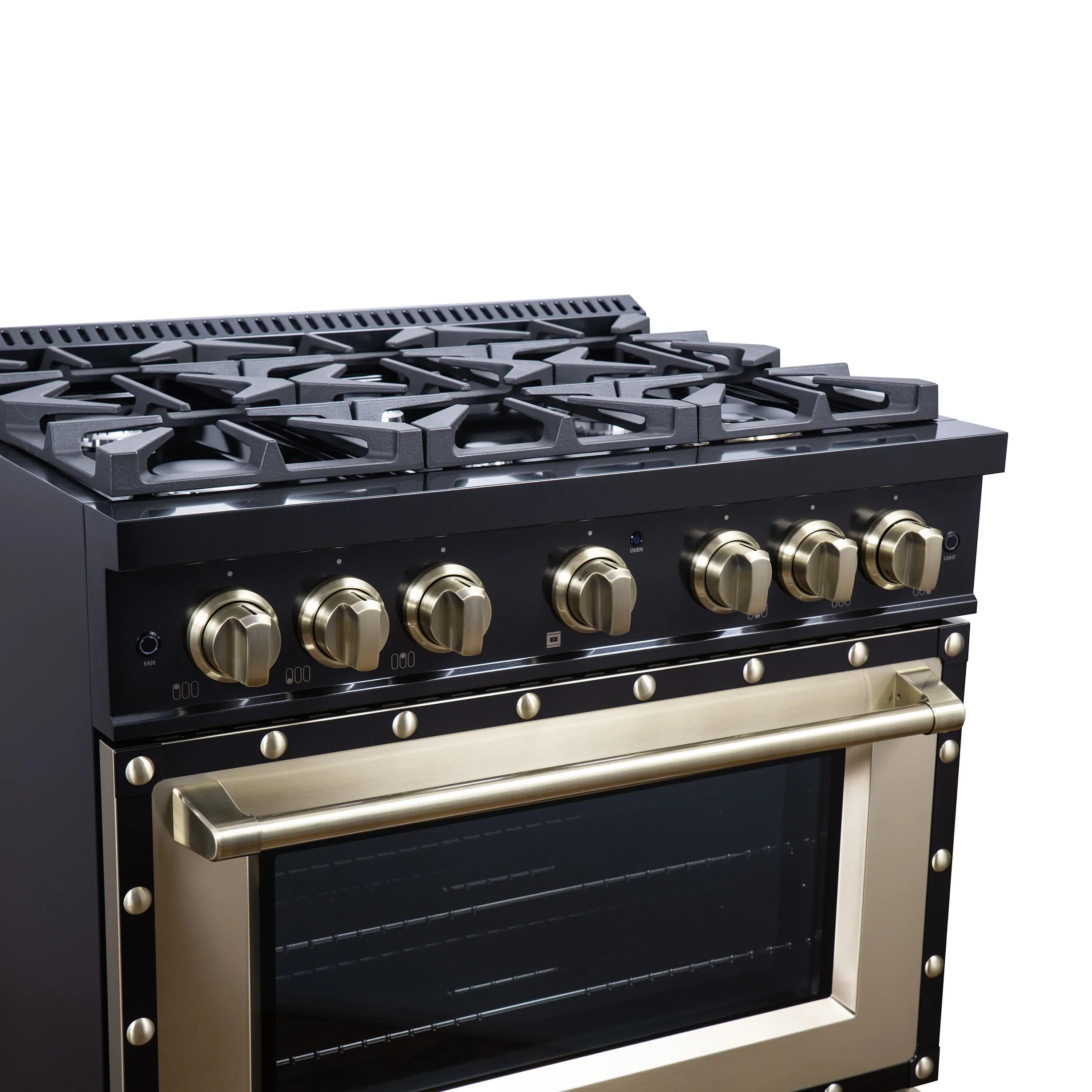 FORNO Valente 36-Inch Dual Fuel Range in Black with Antique Brass Handle and Decorative Copper Trim, 5.2 Cu. Ft. Convection Oven, 6 Sealed Burners, 71,000 BTU (FFSGS6199-36CPBLK)