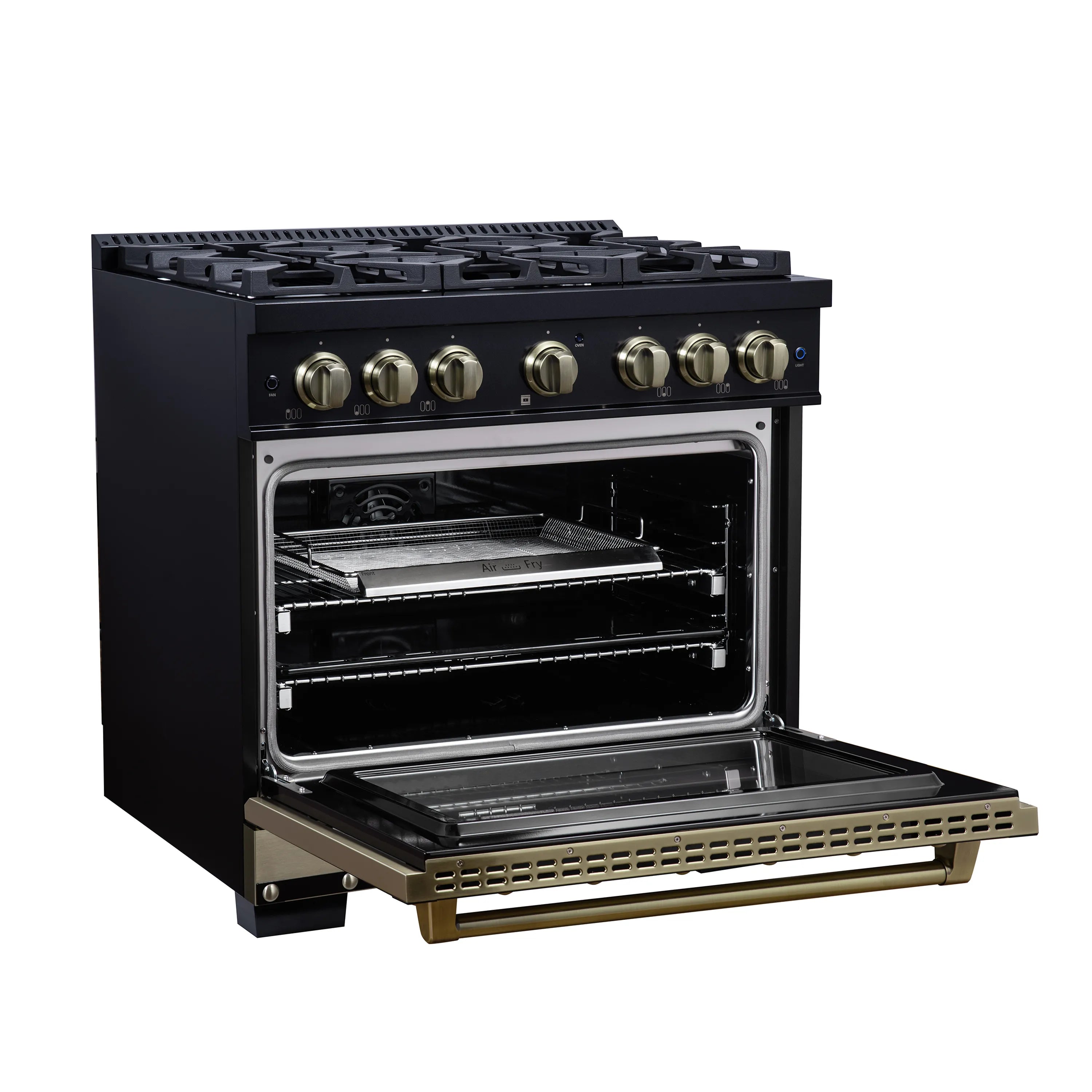 FORNO Valente 36-Inch Dual Fuel Range in Black with Antique Brass Handle and Decorative Copper Trim, 5.2 Cu. Ft. Convection Oven, 6 Sealed Burners, 71,000 BTU (FFSGS6199-36CPBLK)
