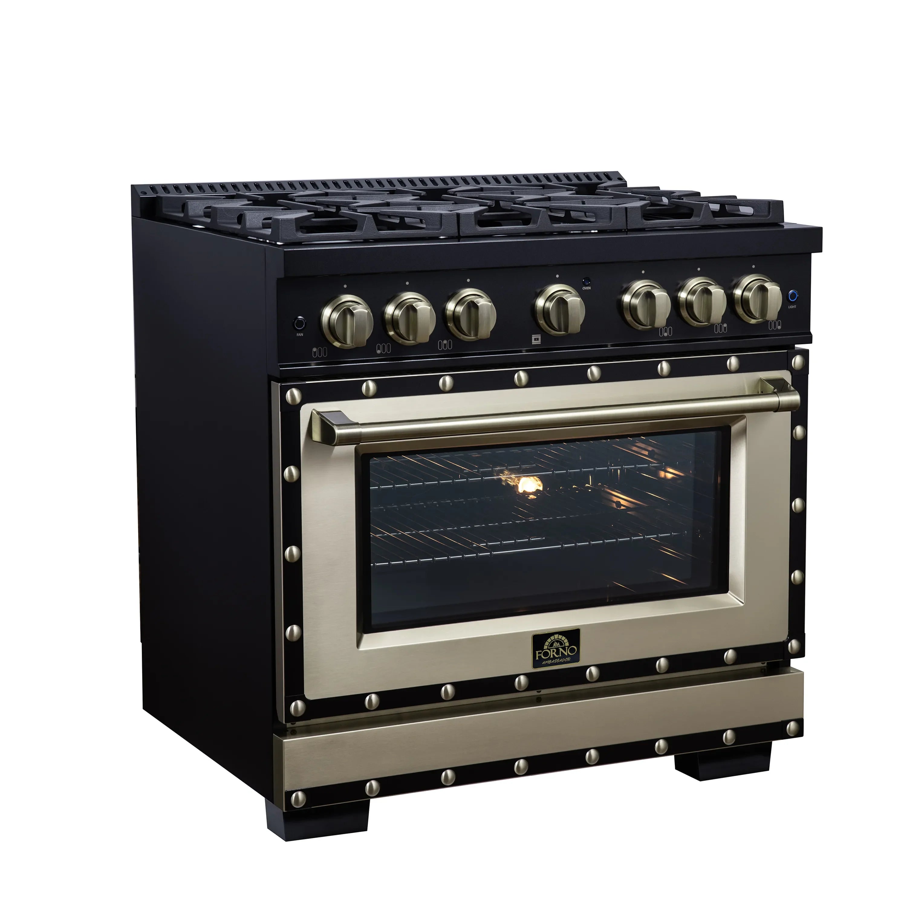 FORNO Valente 36-Inch Dual Fuel Range in Black with Antique Brass Handle and Decorative Copper Trim, 5.2 Cu. Ft. Convection Oven, 6 Sealed Burners, 71,000 BTU (FFSGS6199-36CPBLK)