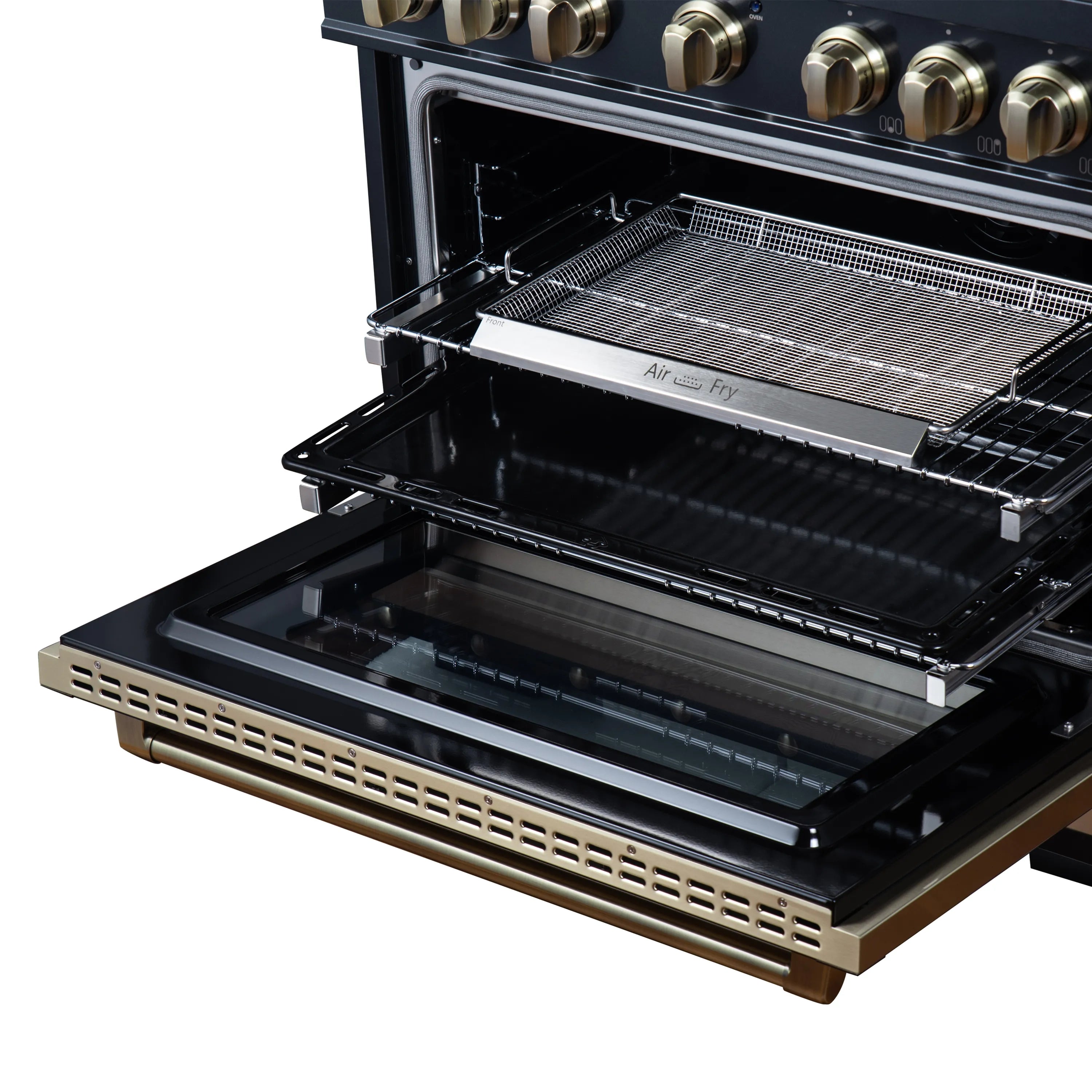 FORNO Valente 36-Inch Dual Fuel Range in Black with Antique Brass Handle and Decorative Copper Trim, 5.2 Cu. Ft. Convection Oven, 6 Sealed Burners, 71,000 BTU (FFSGS6199-36CPBLK)