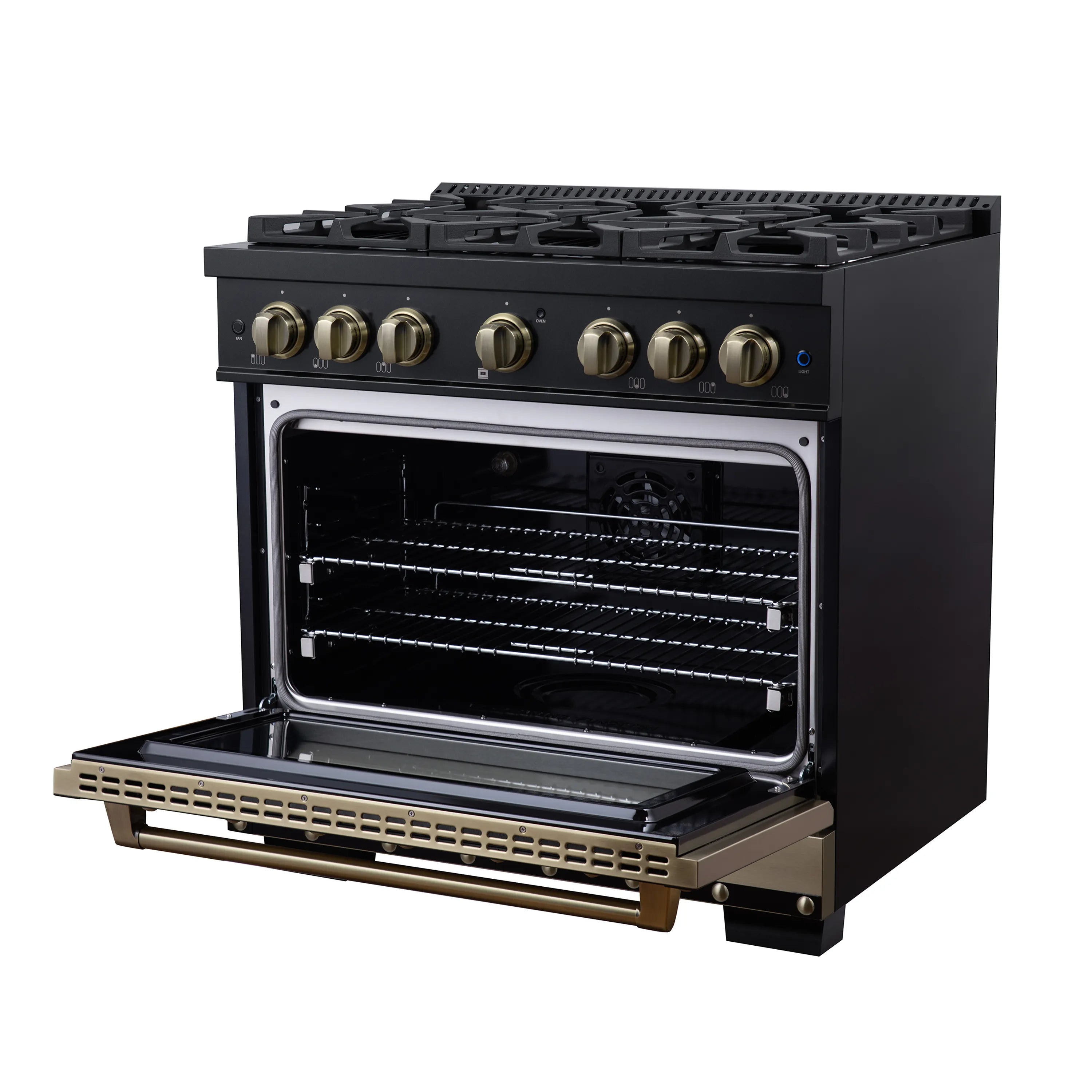 FORNO Valente 36-Inch Dual Fuel Range in Black with Antique Brass Handle and Decorative Copper Trim, 5.2 Cu. Ft. Convection Oven, 6 Sealed Burners, 71,000 BTU (FFSGS6199-36CPBLK)