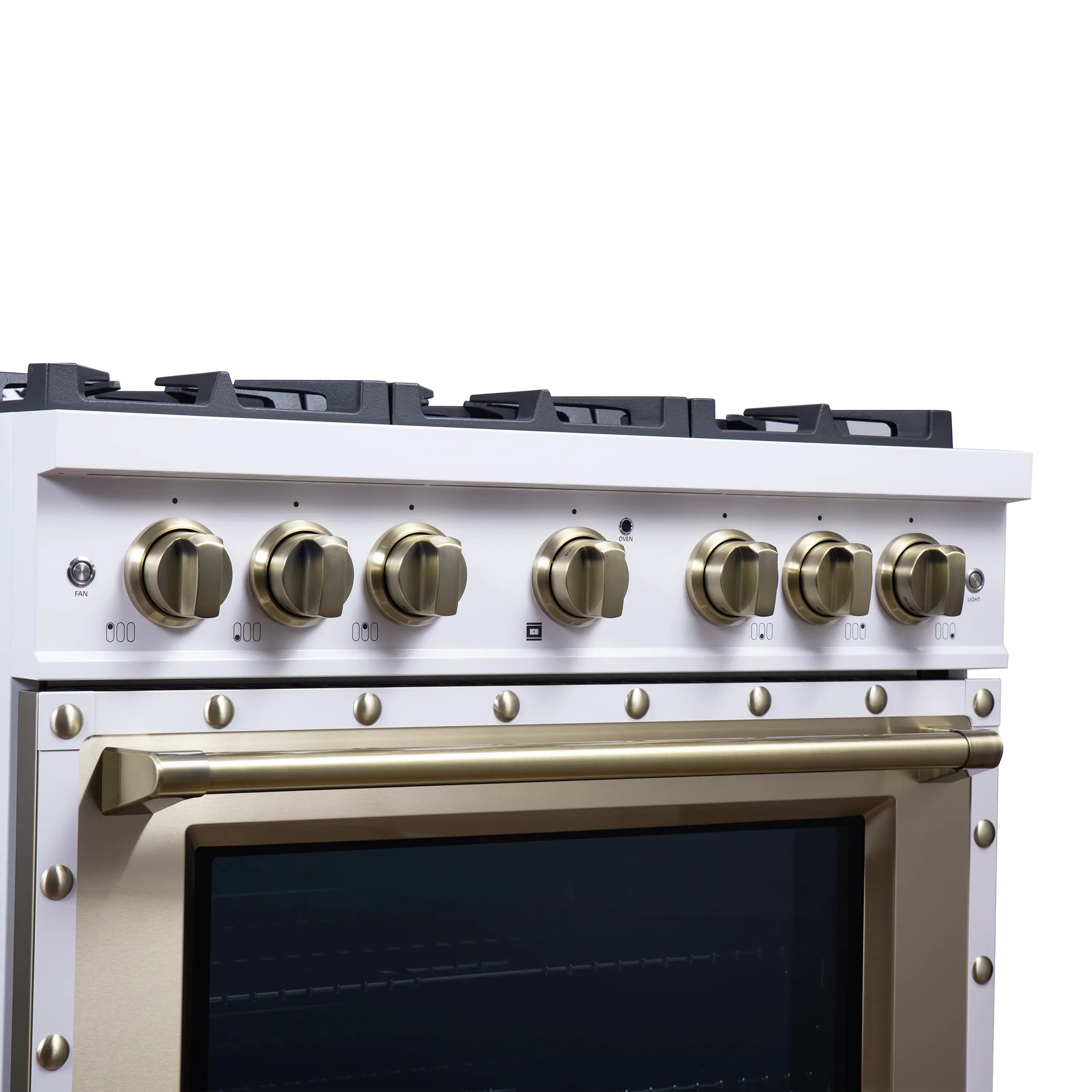 FORNO Valente 36-Inch Dual Fuel Range in White with Antique Brass Handle and Decorative Copper Trim, with 5.2 Cu. Ft. Convection Oven, 6 Sealed Burners, 71 000 BTU Cooktop Output, Telescopic Racks (FFSGS6199-36CPWHT)