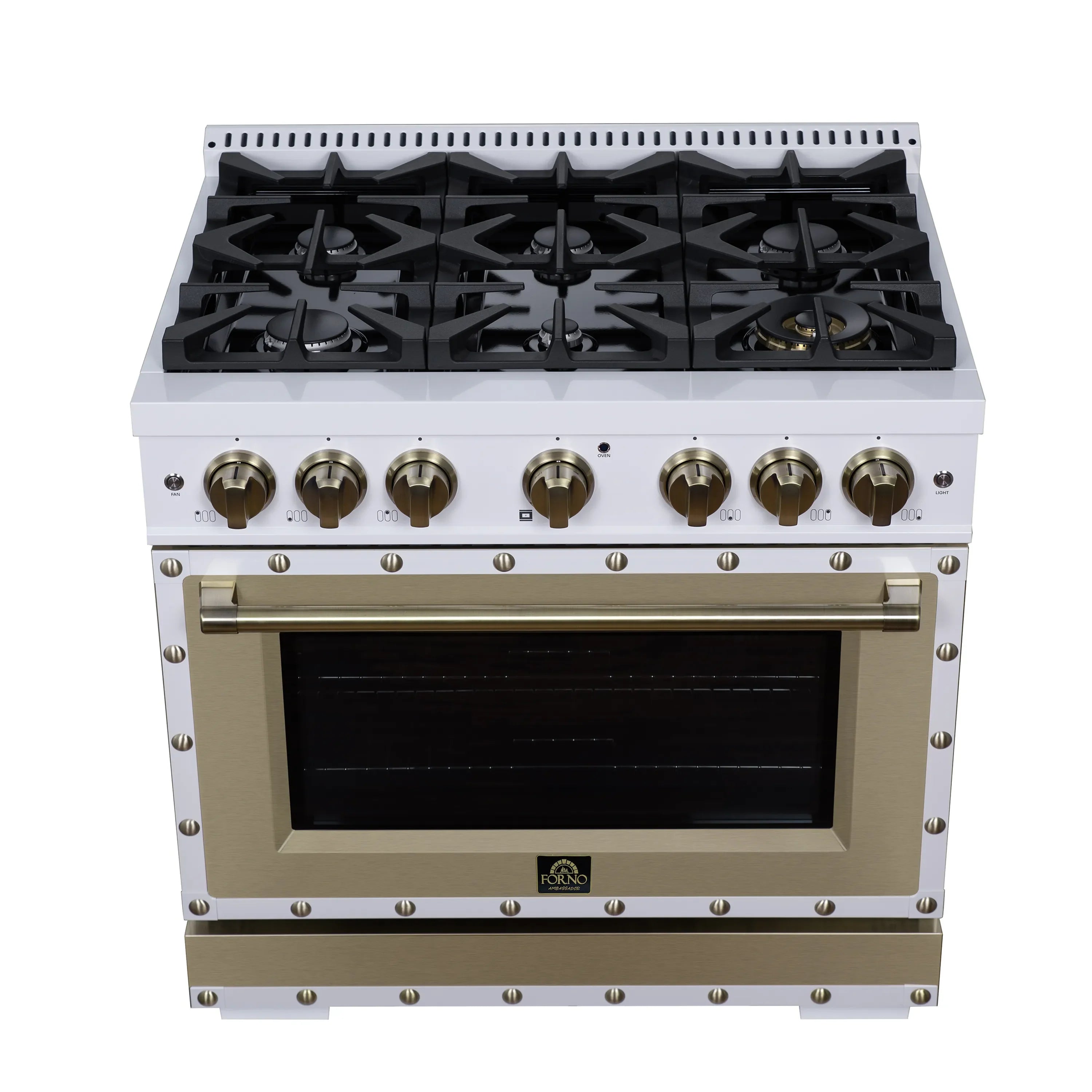 FORNO Valente 36-Inch Dual Fuel Range in White with Antique Brass Handle and Decorative Copper Trim, with 5.2 Cu. Ft. Convection Oven, 6 Sealed Burners, 71 000 BTU Cooktop Output, Telescopic Racks (FFSGS6199-36CPWHT)