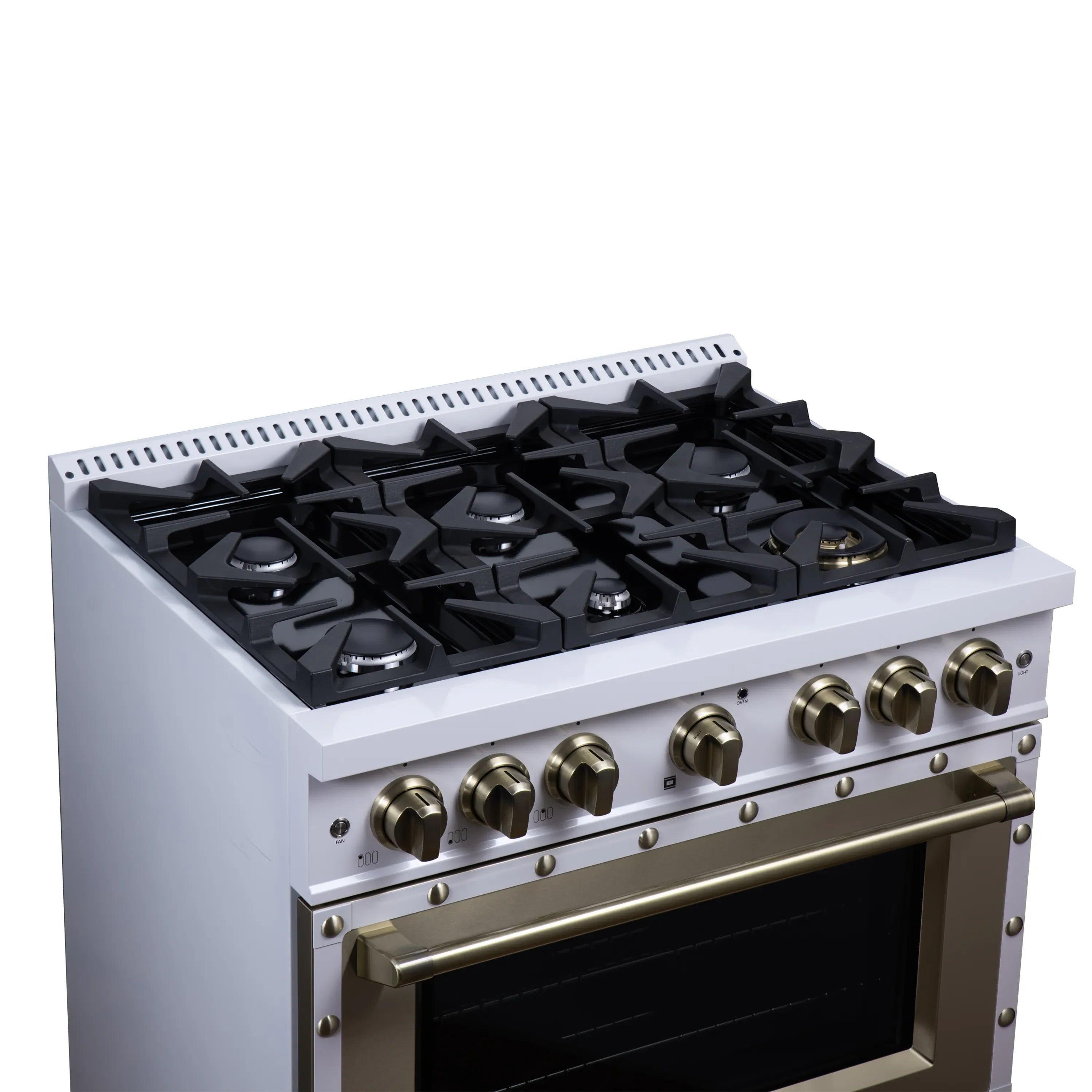 FORNO Valente 36-Inch Dual Fuel Range in White with Antique Brass Handle and Decorative Copper Trim, with 5.2 Cu. Ft. Convection Oven, 6 Sealed Burners, 71 000 BTU Cooktop Output, Telescopic Racks (FFSGS6199-36CPWHT)