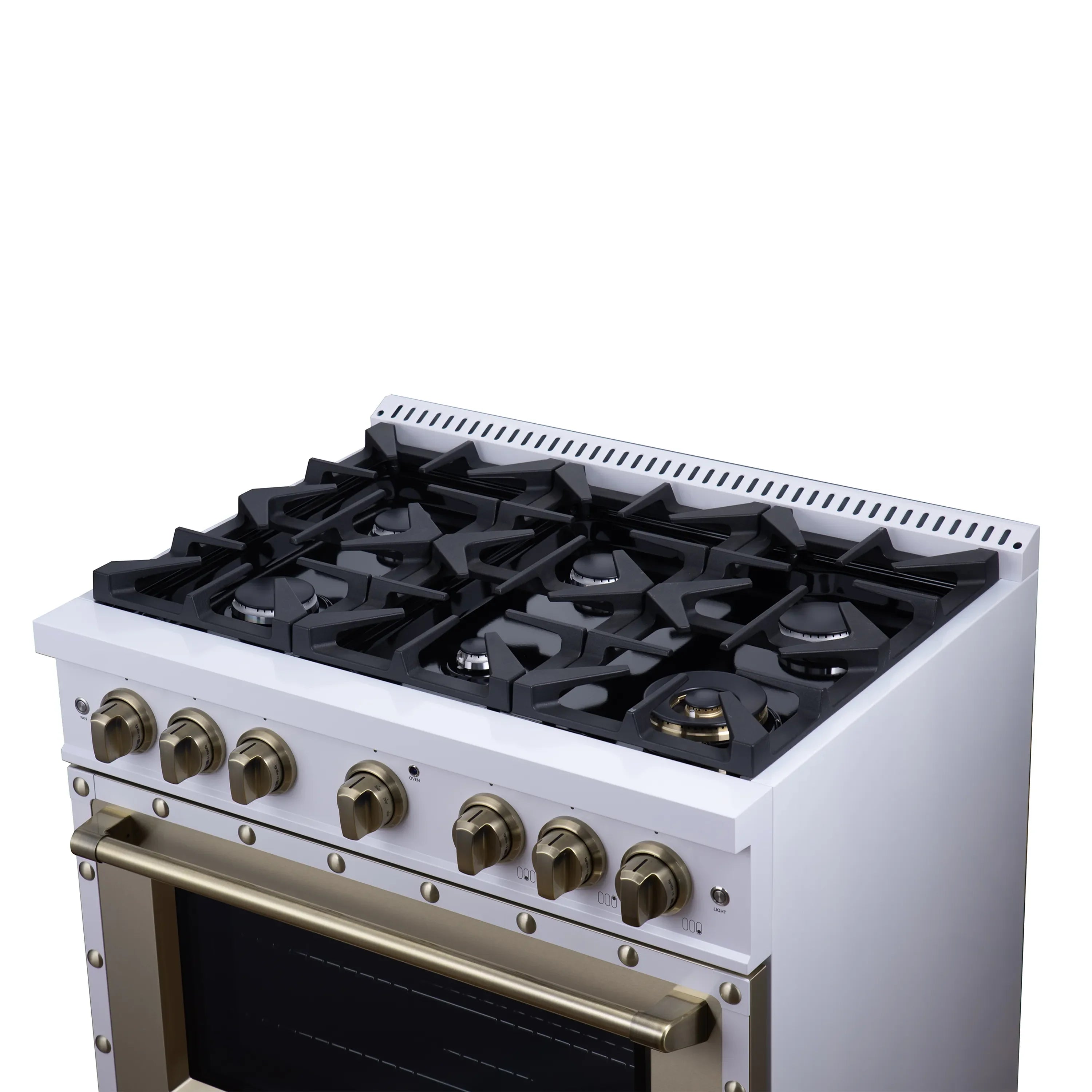 FORNO Valente 36-Inch Dual Fuel Range in White with Antique Brass Handle and Decorative Copper Trim, with 5.2 Cu. Ft. Convection Oven, 6 Sealed Burners, 71 000 BTU Cooktop Output, Telescopic Racks (FFSGS6199-36CPWHT)