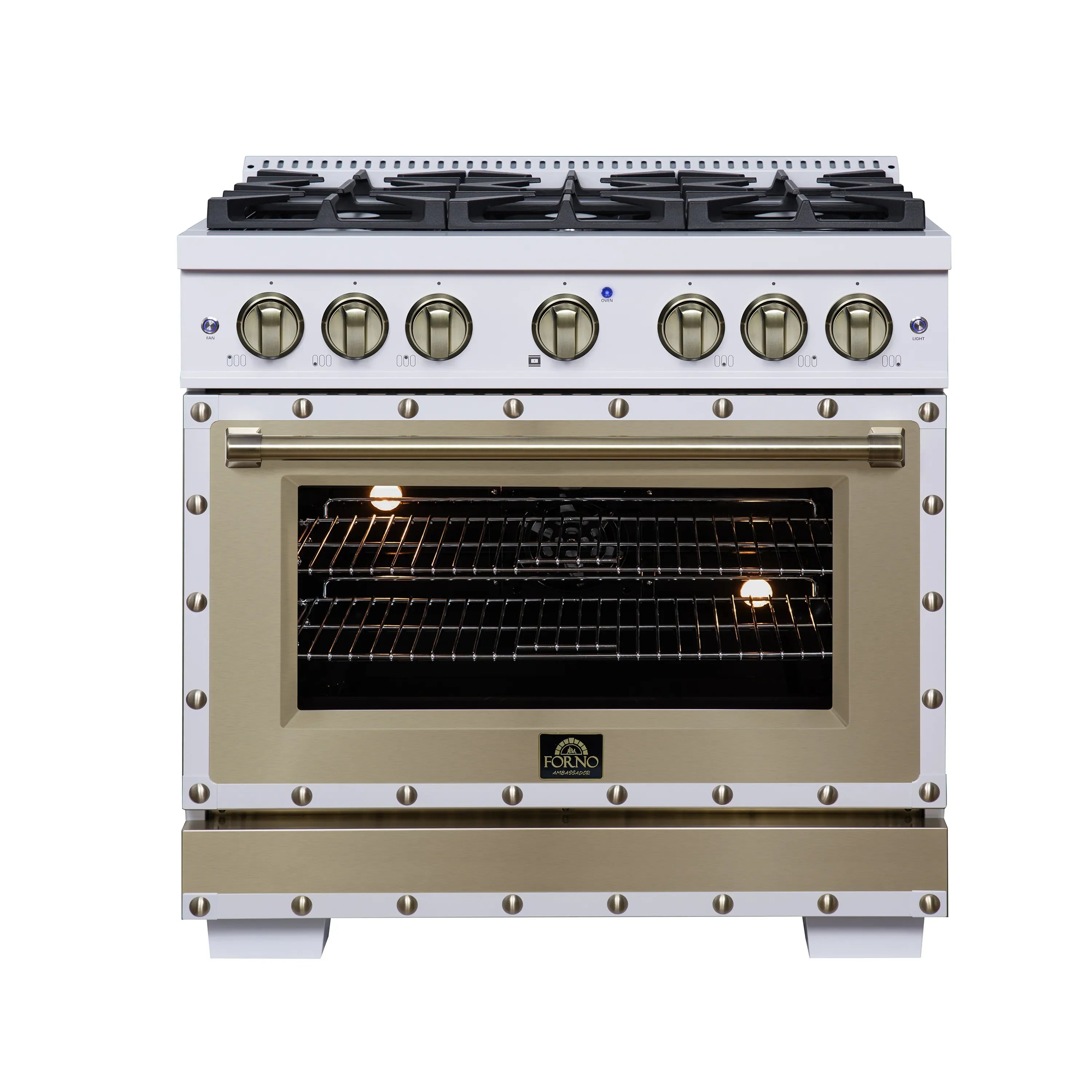 FORNO Valente 36-Inch Dual Fuel Range in White with Antique Brass Handle and Decorative Copper Trim, with 5.2 Cu. Ft. Convection Oven, 6 Sealed Burners, 71 000 BTU Cooktop Output, Telescopic Racks (FFSGS6199-36CPWHT)