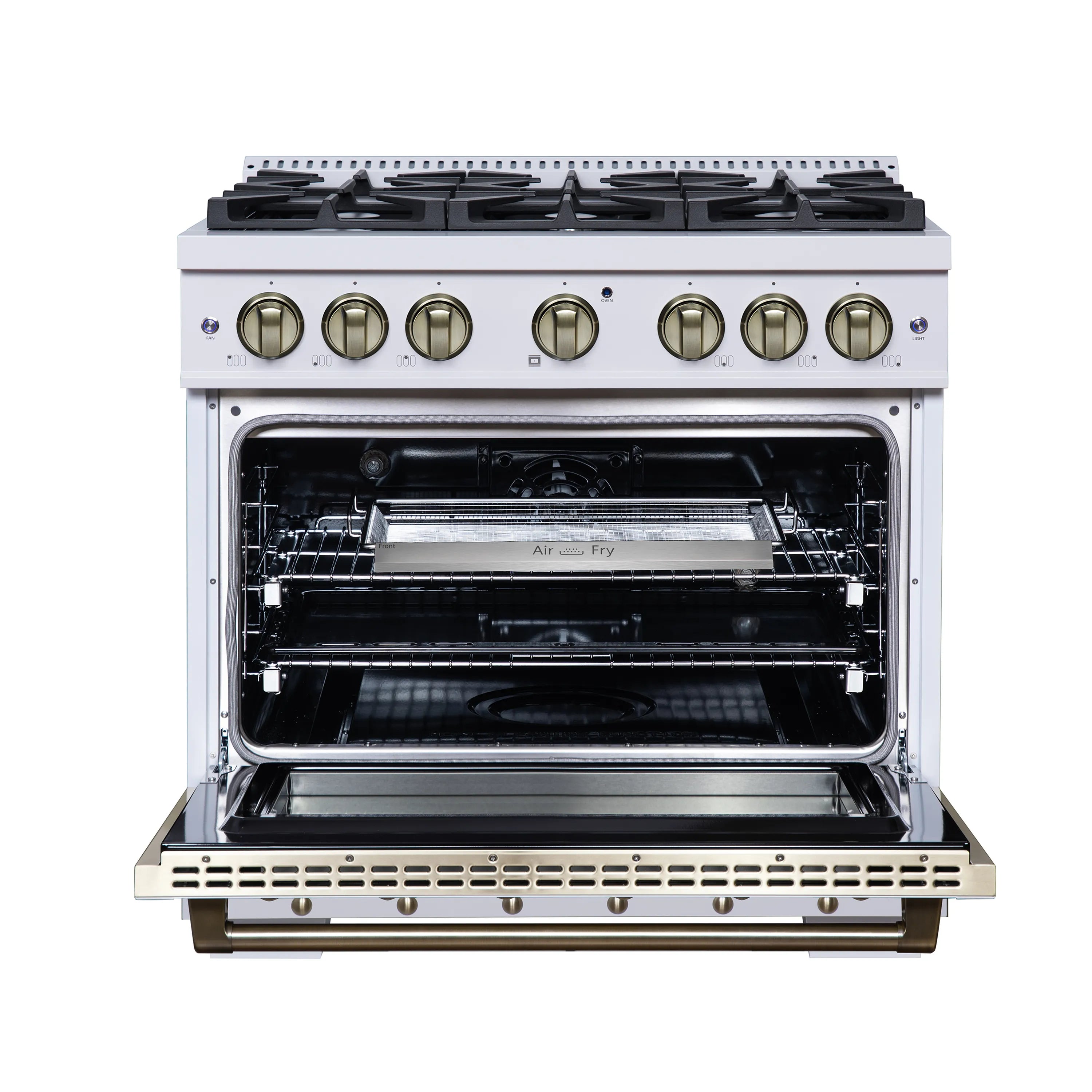 FORNO Valente 36-Inch Dual Fuel Range in White with Antique Brass Handle and Decorative Copper Trim, with 5.2 Cu. Ft. Convection Oven, 6 Sealed Burners, 71 000 BTU Cooktop Output, Telescopic Racks (FFSGS6199-36CPWHT)