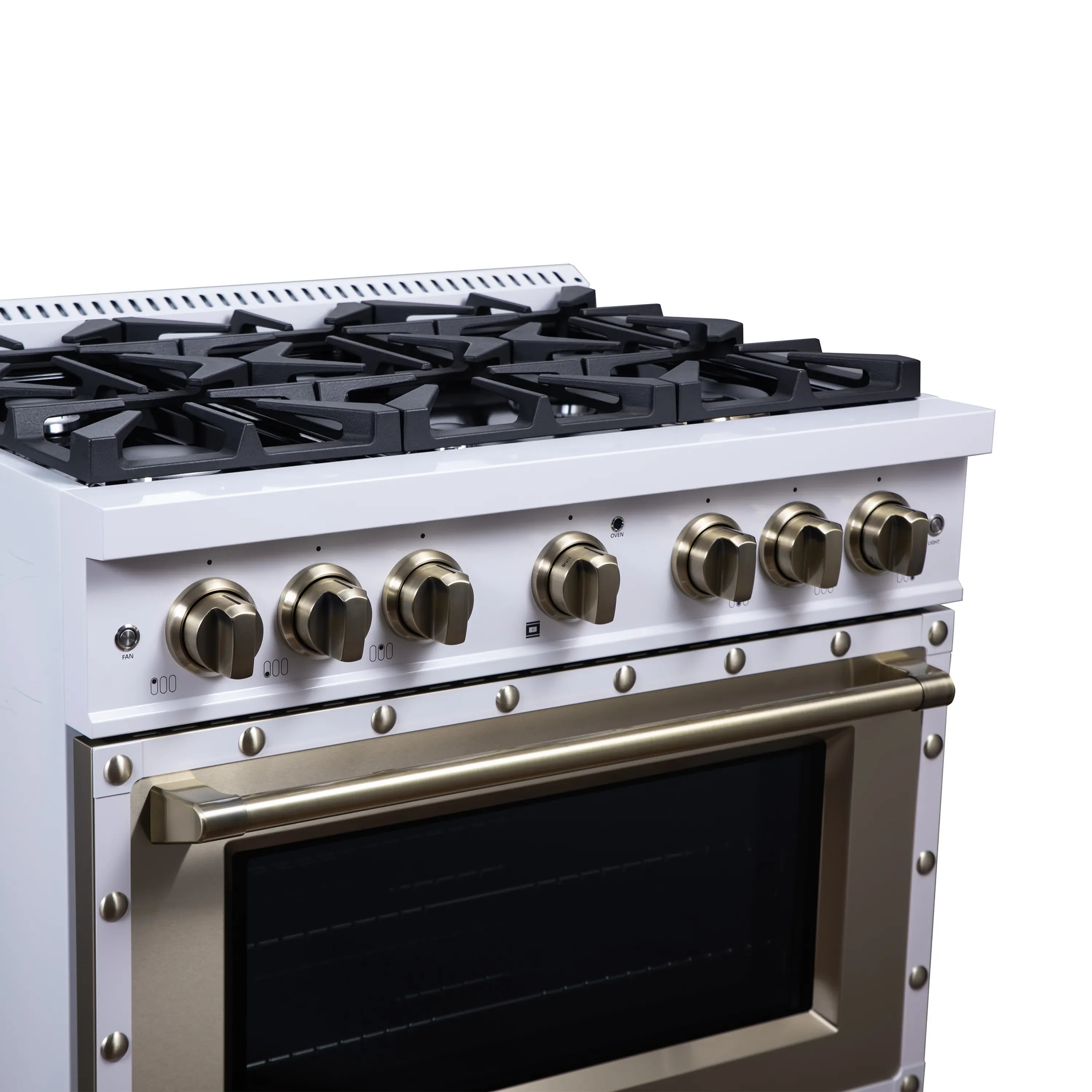 FORNO Valente 36-Inch Dual Fuel Range in White with Antique Brass Handle and Decorative Copper Trim, with 5.2 Cu. Ft. Convection Oven, 6 Sealed Burners, 71 000 BTU Cooktop Output, Telescopic Racks (FFSGS6199-36CPWHT)