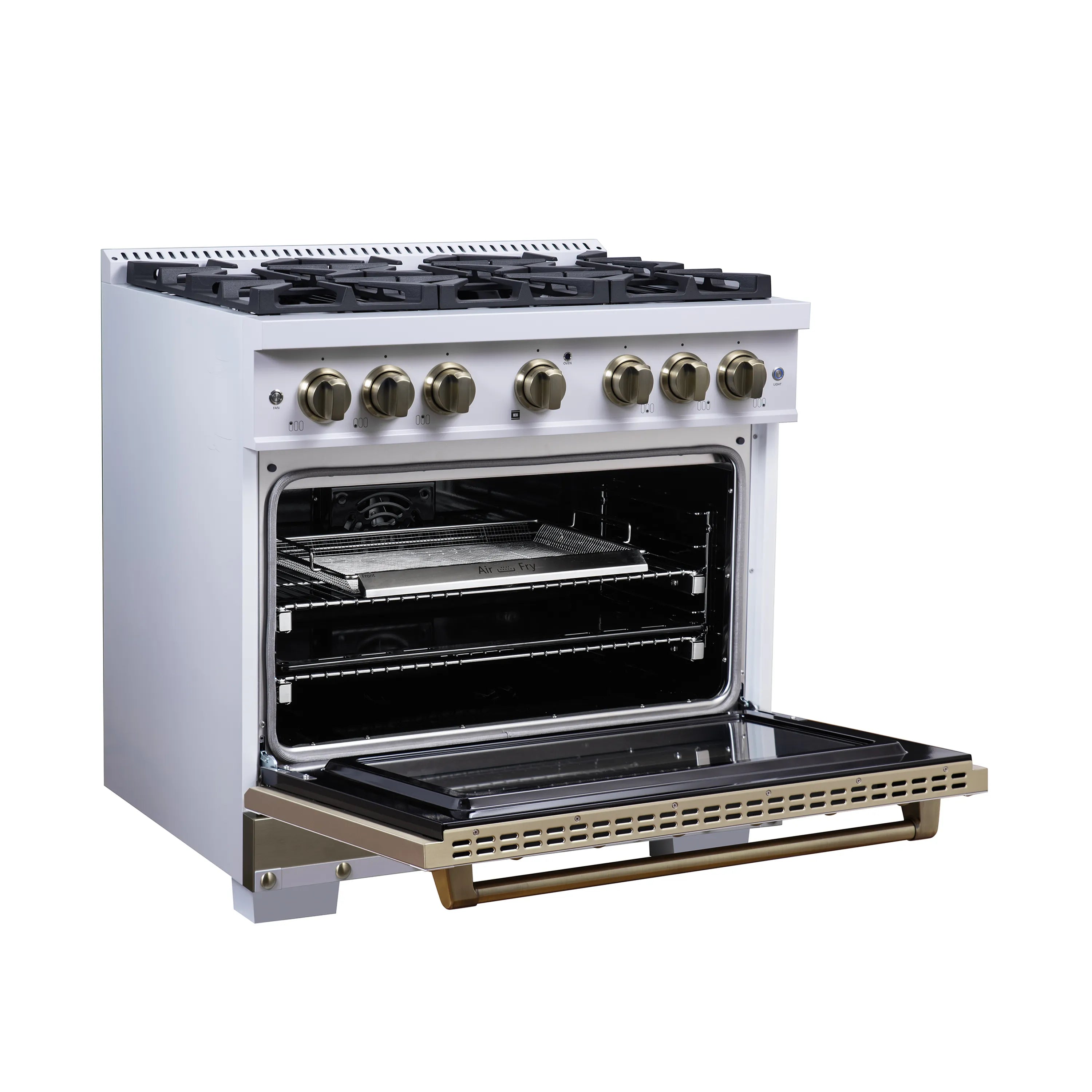 FORNO Valente 36-Inch Dual Fuel Range in White with Antique Brass Handle and Decorative Copper Trim, with 5.2 Cu. Ft. Convection Oven, 6 Sealed Burners, 71 000 BTU Cooktop Output, Telescopic Racks (FFSGS6199-36CPWHT)