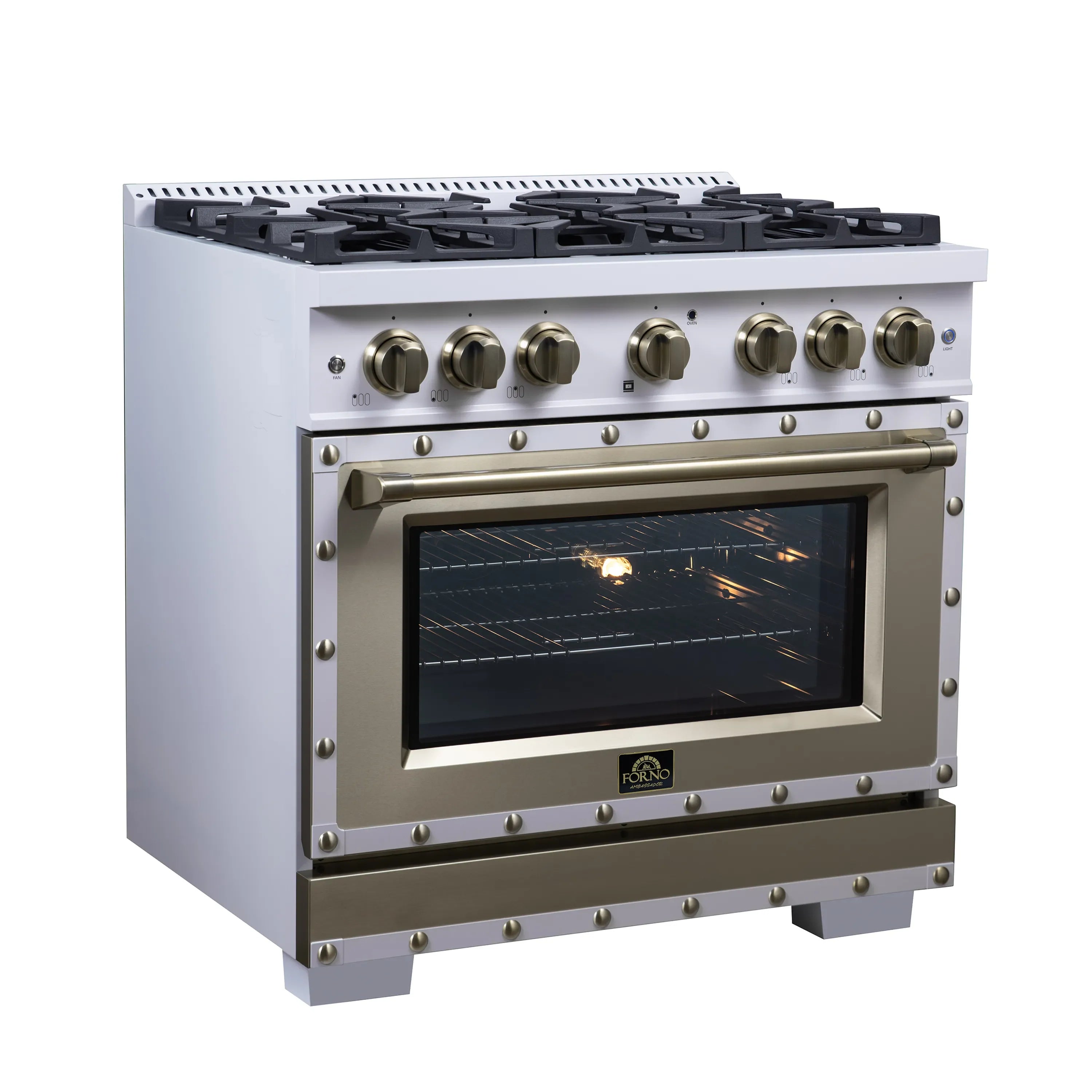 FORNO Valente 36-Inch Dual Fuel Range in White with Antique Brass Handle and Decorative Copper Trim, with 5.2 Cu. Ft. Convection Oven, 6 Sealed Burners, 71 000 BTU Cooktop Output, Telescopic Racks (FFSGS6199-36CPWHT)