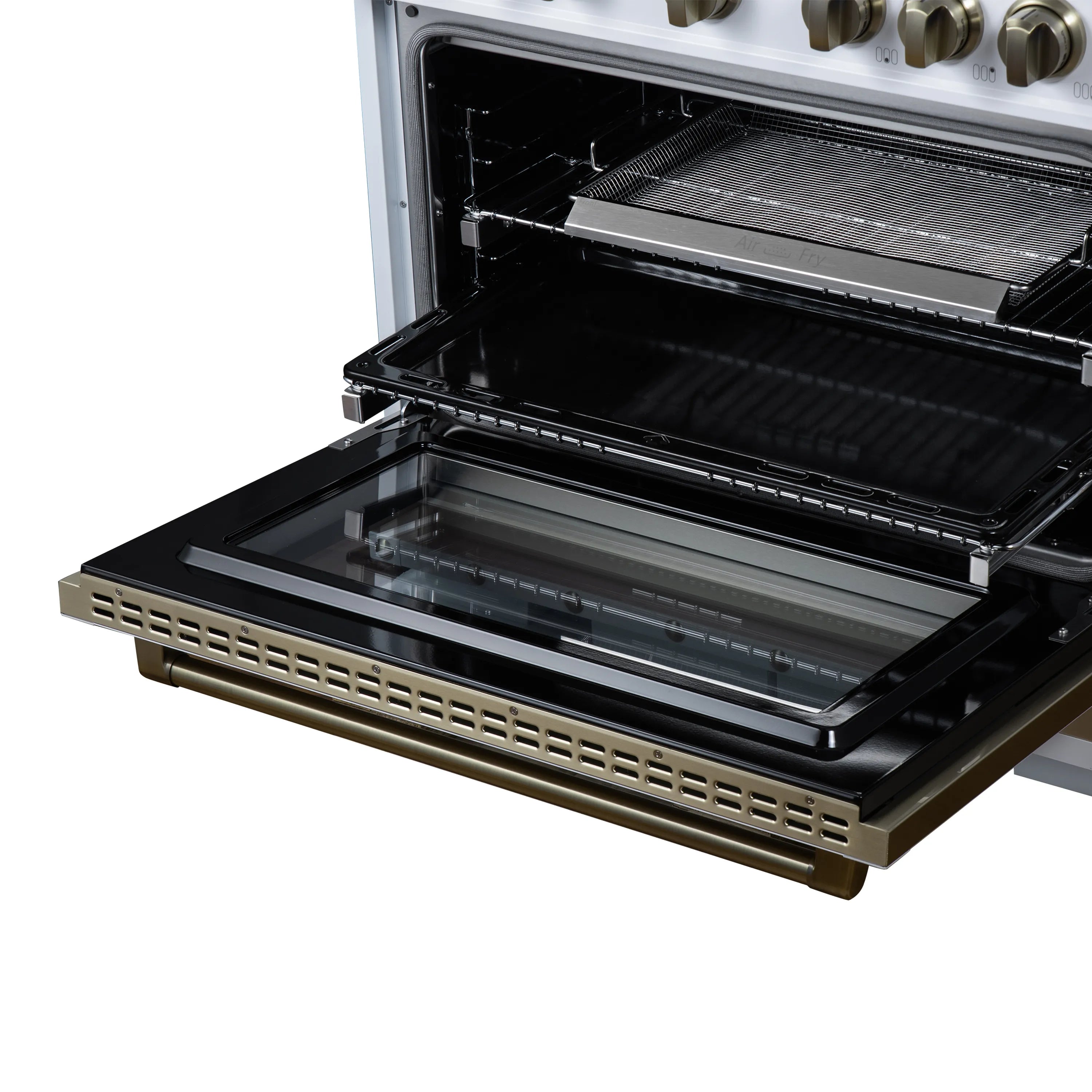 FORNO Valente 36-Inch Dual Fuel Range in White with Antique Brass Handle and Decorative Copper Trim, with 5.2 Cu. Ft. Convection Oven, 6 Sealed Burners, 71 000 BTU Cooktop Output, Telescopic Racks (FFSGS6199-36CPWHT)