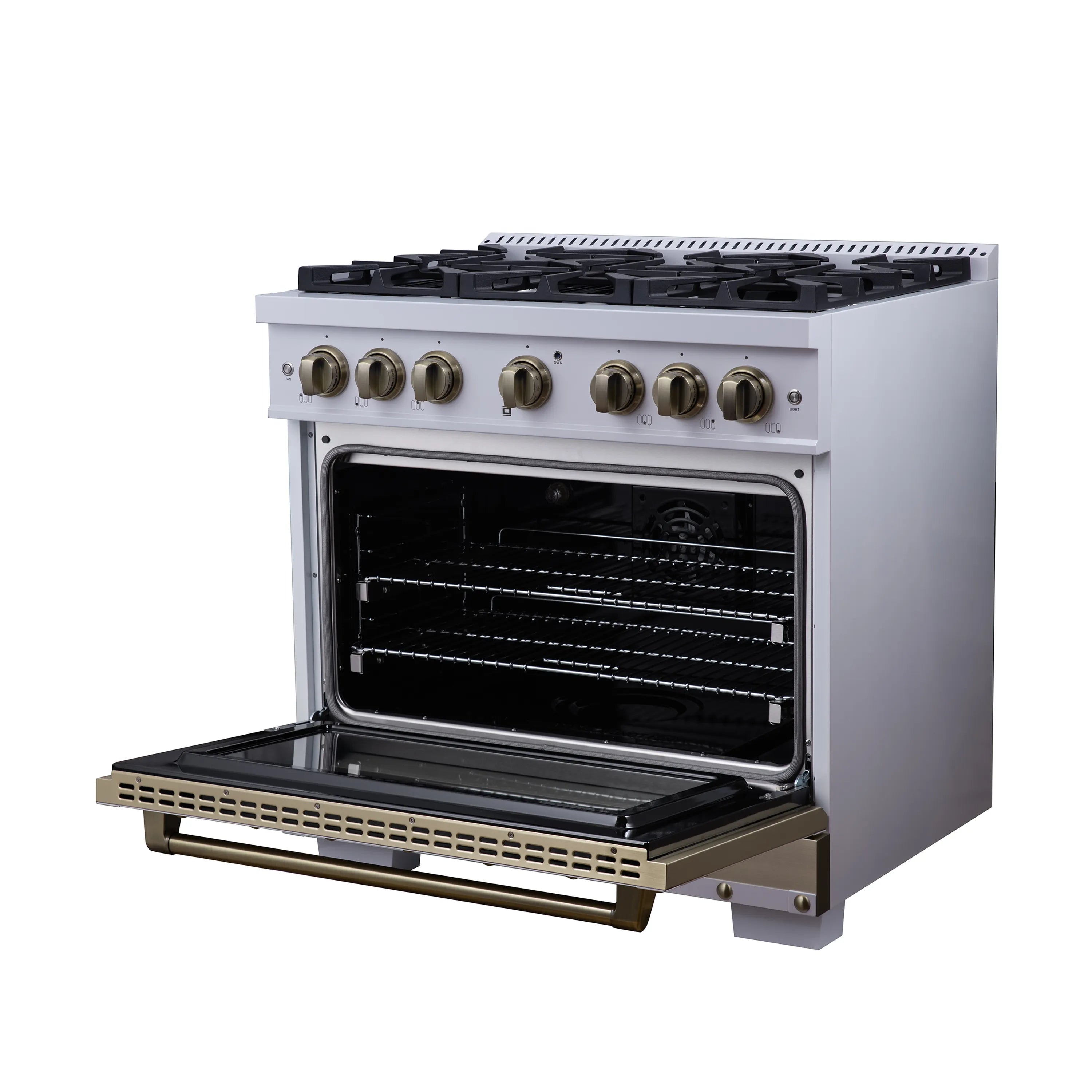 FORNO Valente 36-Inch Dual Fuel Range in White with Antique Brass Handle and Decorative Copper Trim, with 5.2 Cu. Ft. Convection Oven, 6 Sealed Burners, 71 000 BTU Cooktop Output, Telescopic Racks (FFSGS6199-36CPWHT)