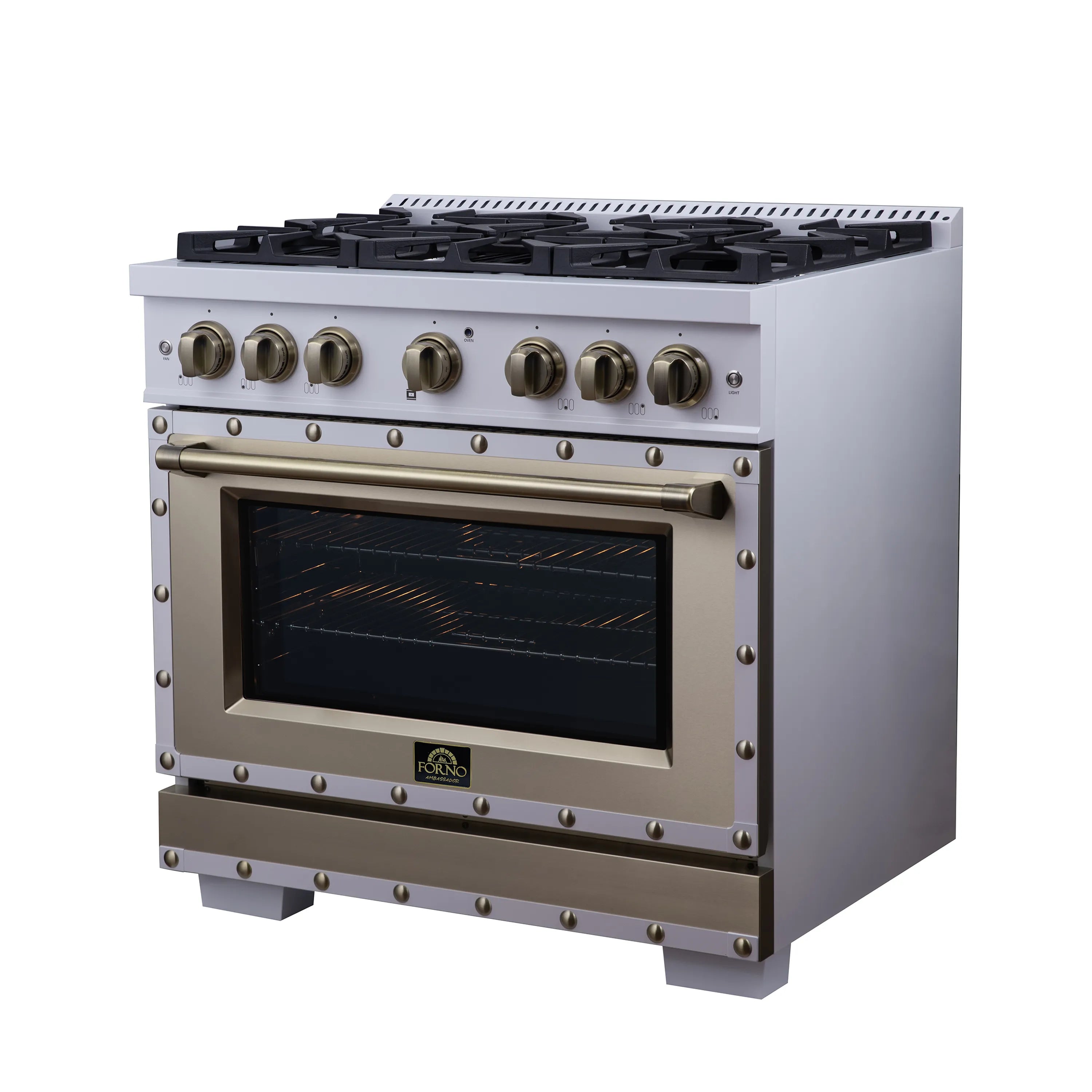 FORNO Valente 36-Inch Dual Fuel Range in White with Antique Brass Handle and Decorative Copper Trim, with 5.2 Cu. Ft. Convection Oven, 6 Sealed Burners, 71 000 BTU Cooktop Output, Telescopic Racks (FFSGS6199-36CPWHT)