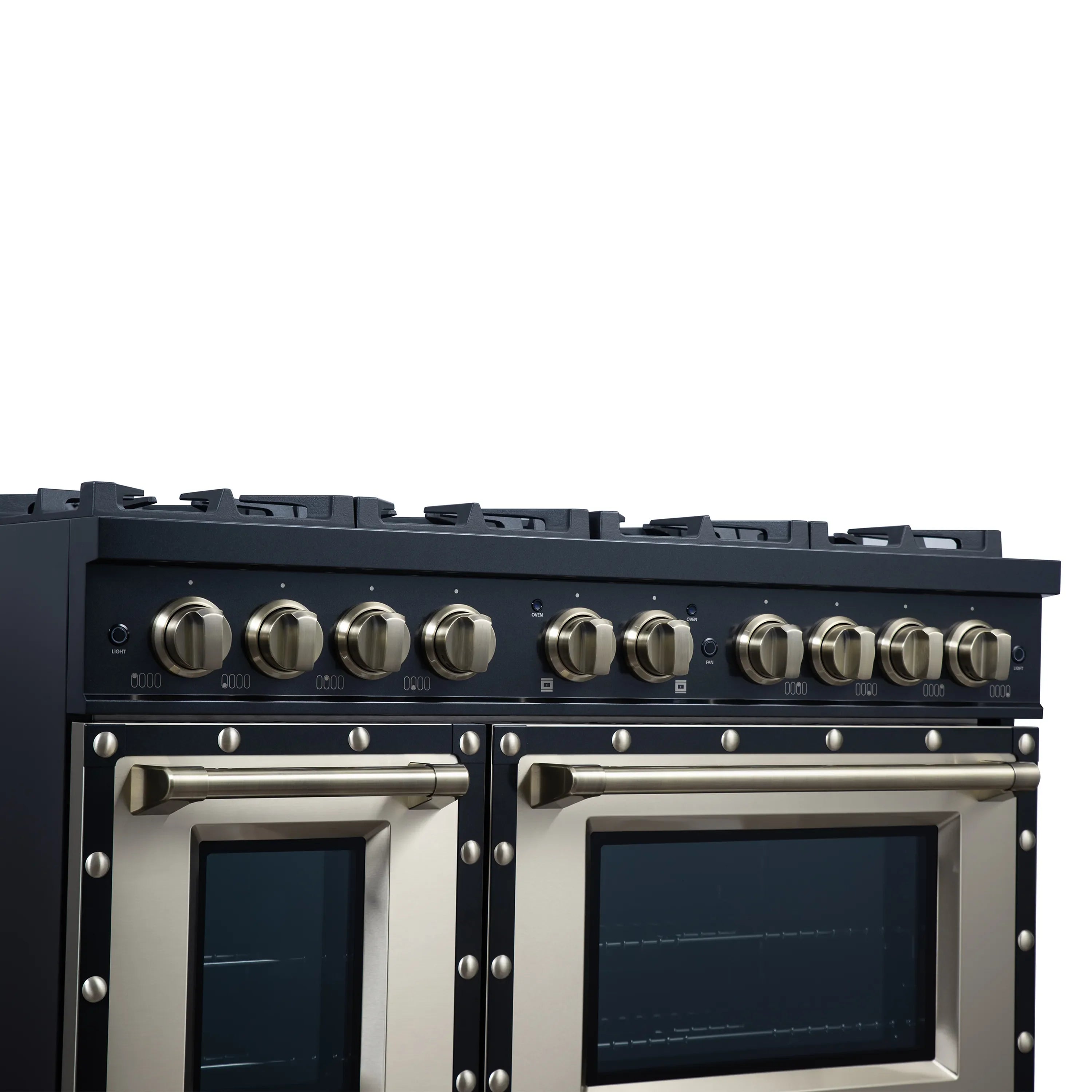 FORNO Valente 48-Inch Dual Fuel Range in Black  with Antique Brass Handle and Decorative Copper Trim, 6.7 Cu. Ft. Double Oven, 8 Sealed Burners, 94,000 BTU (FFSGS6199-48CPBLK)