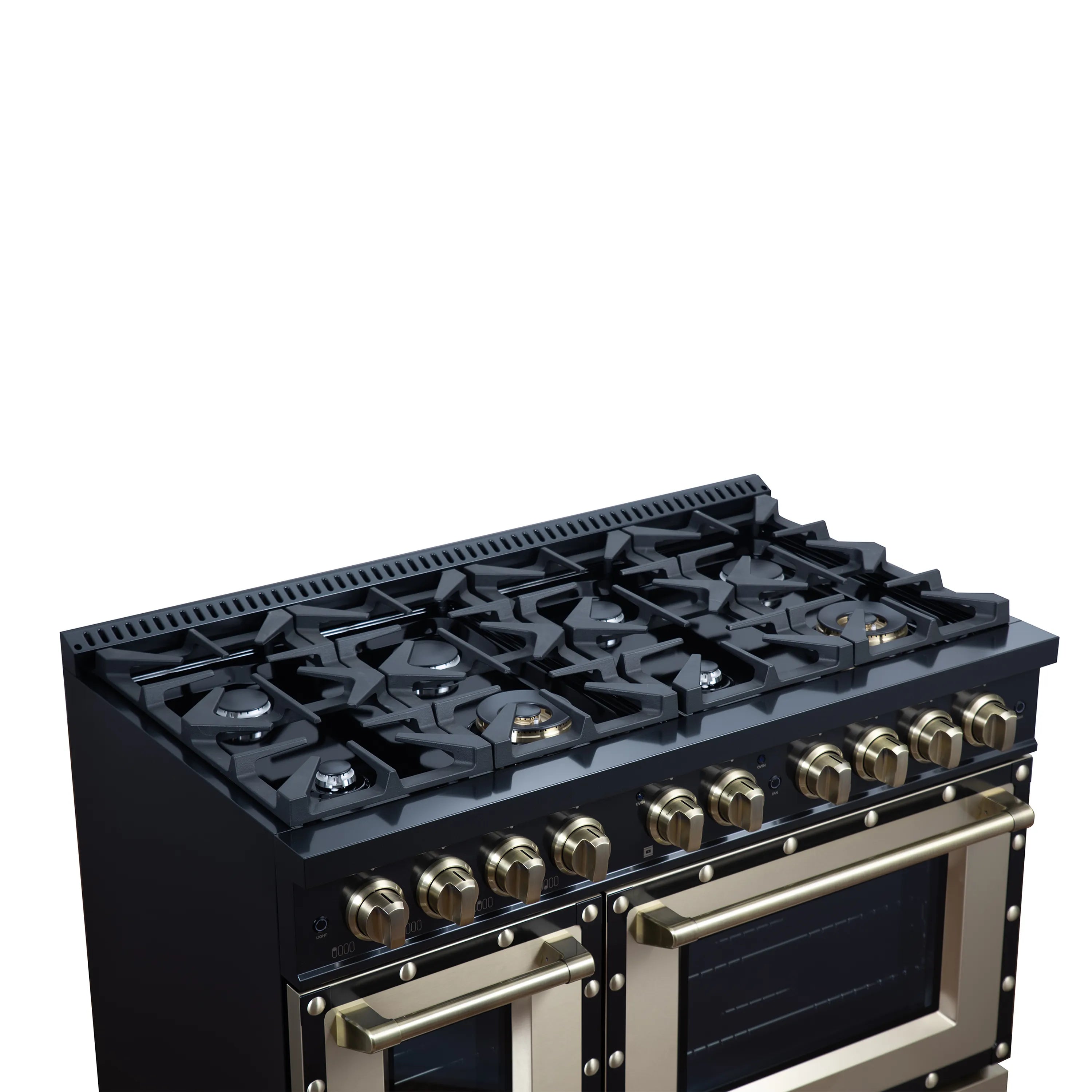 FORNO Valente 48-Inch Dual Fuel Range in Black  with Antique Brass Handle and Decorative Copper Trim, 6.7 Cu. Ft. Double Oven, 8 Sealed Burners, 94,000 BTU (FFSGS6199-48CPBLK)