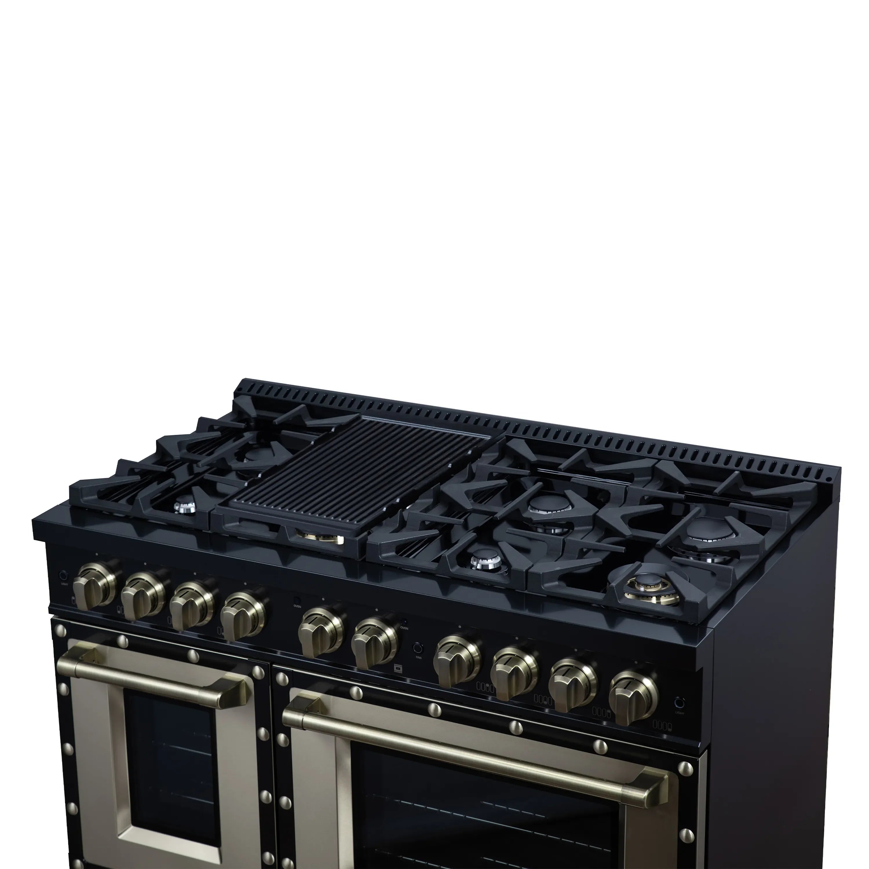 FORNO Valente 48-Inch Dual Fuel Range in Black  with Antique Brass Handle and Decorative Copper Trim, 6.7 Cu. Ft. Double Oven, 8 Sealed Burners, 94,000 BTU (FFSGS6199-48CPBLK)