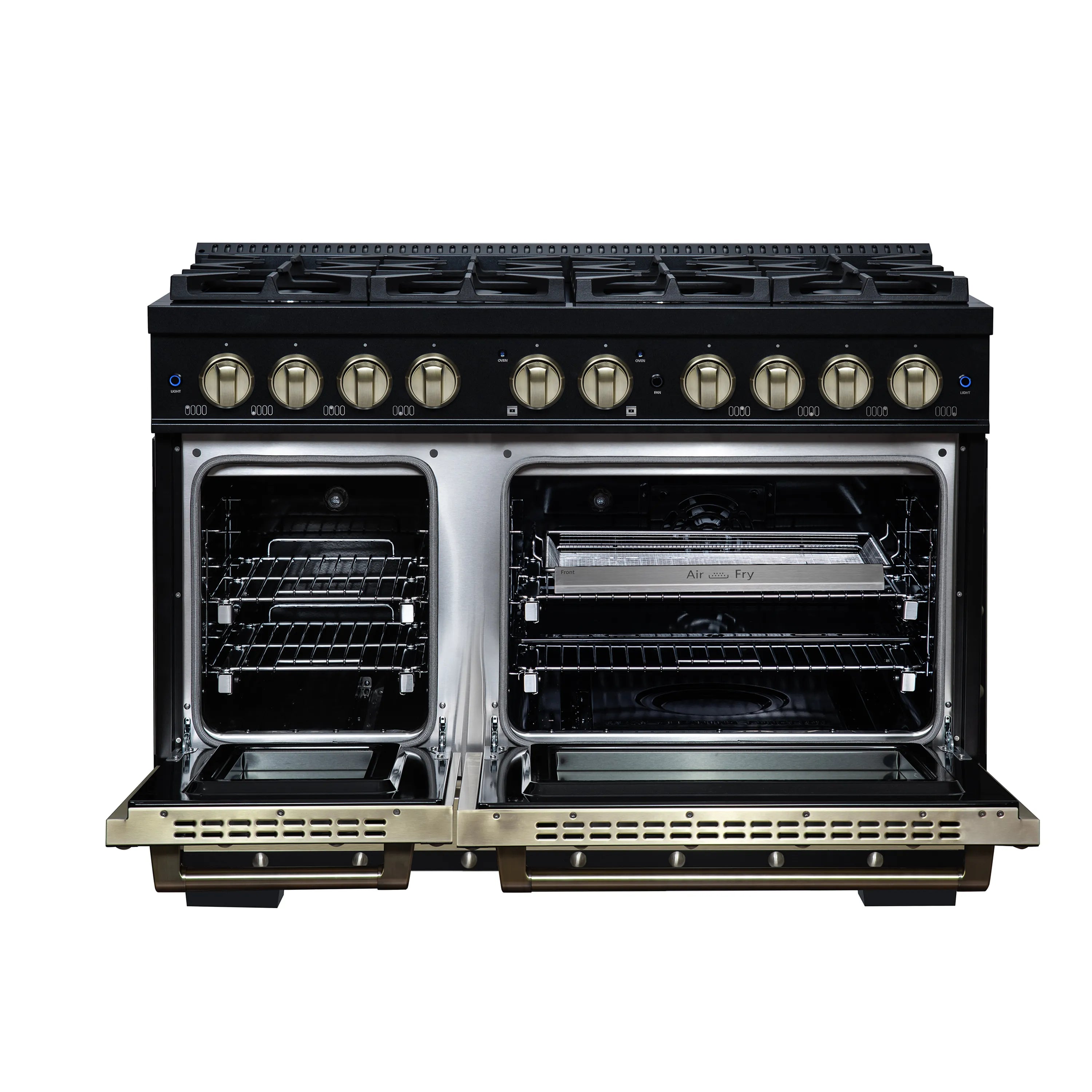 FORNO Valente 48-Inch Dual Fuel Range in Black  with Antique Brass Handle and Decorative Copper Trim, 6.7 Cu. Ft. Double Oven, 8 Sealed Burners, 94,000 BTU (FFSGS6199-48CPBLK)