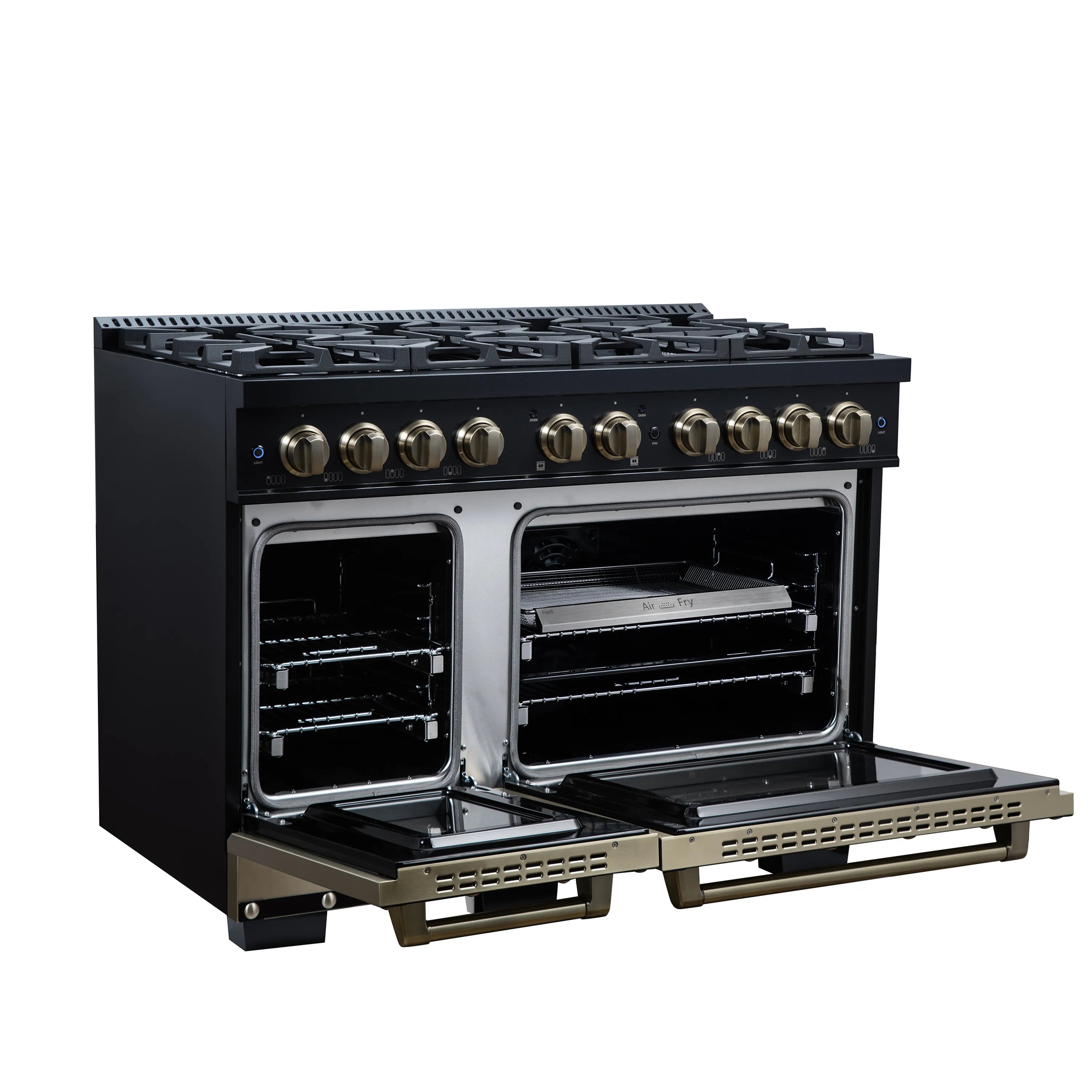 FORNO Valente 48-Inch Dual Fuel Range in Black  with Antique Brass Handle and Decorative Copper Trim, 6.7 Cu. Ft. Double Oven, 8 Sealed Burners, 94,000 BTU (FFSGS6199-48CPBLK)