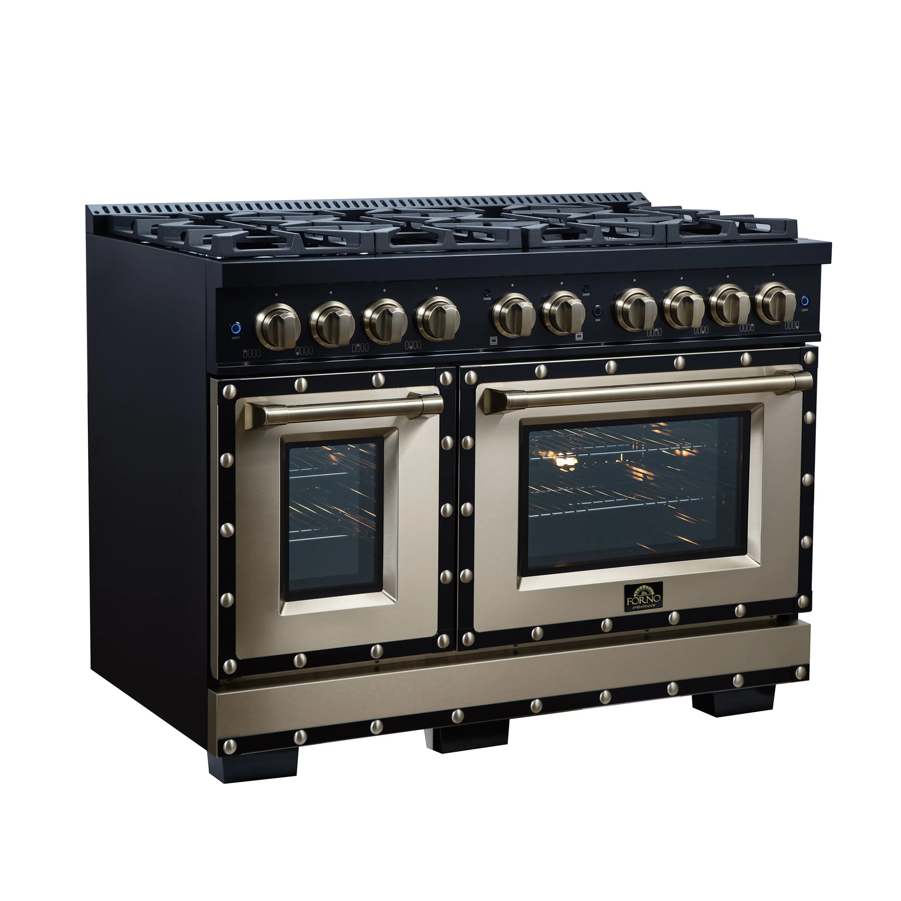FORNO Valente 48-Inch Dual Fuel Range in Black  with Antique Brass Handle and Decorative Copper Trim, 6.7 Cu. Ft. Double Oven, 8 Sealed Burners, 94,000 BTU (FFSGS6199-48CPBLK)