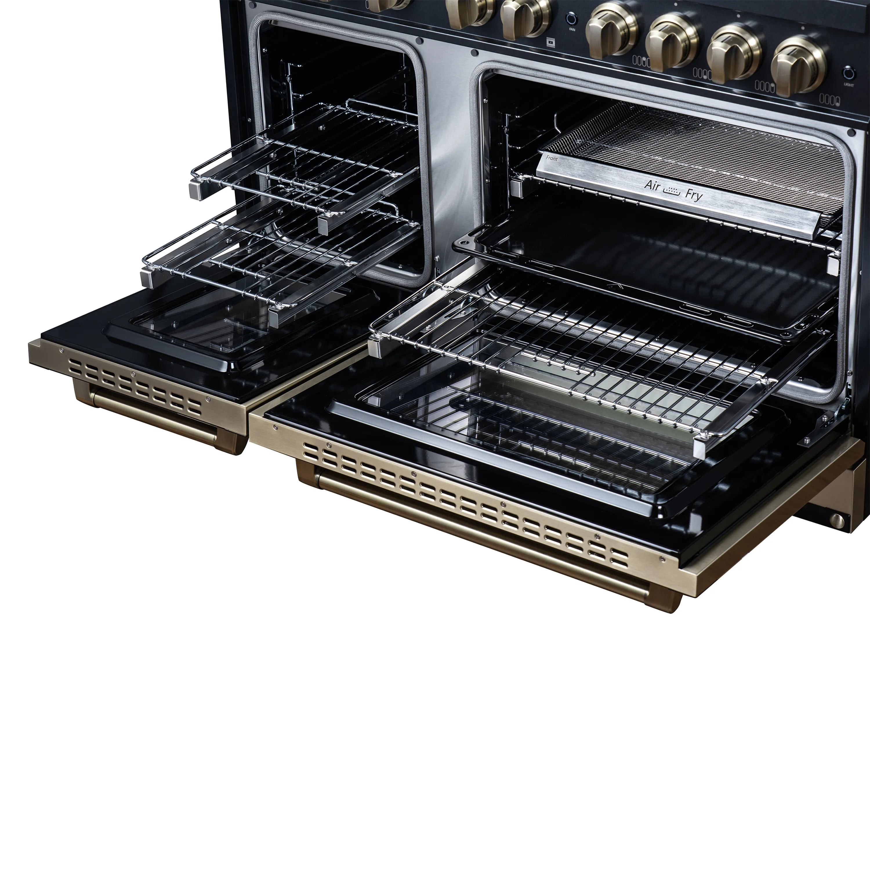 FORNO Valente 48-Inch Dual Fuel Range in Black  with Antique Brass Handle and Decorative Copper Trim, 6.7 Cu. Ft. Double Oven, 8 Sealed Burners, 94,000 BTU (FFSGS6199-48CPBLK)