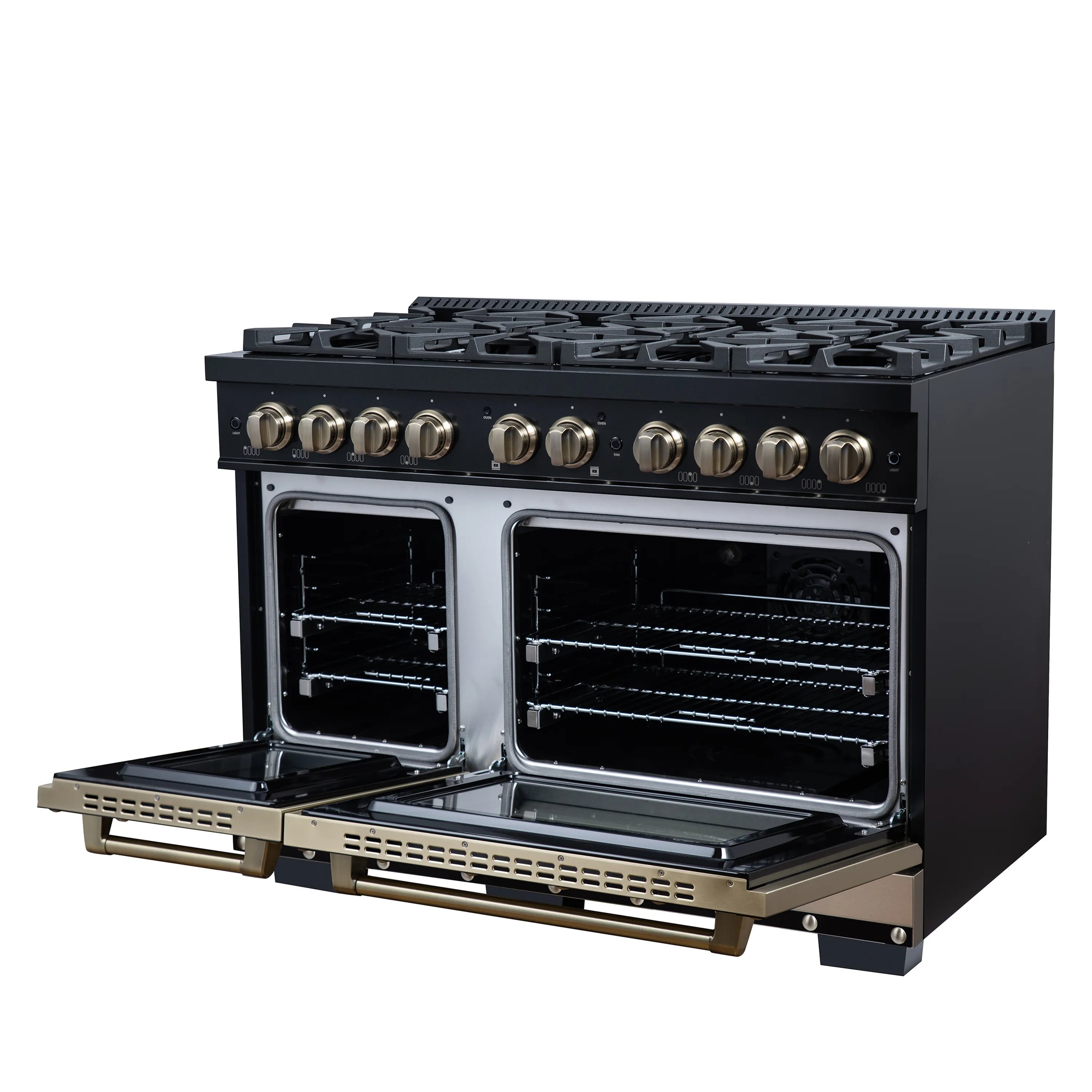 FORNO Valente 48-Inch Dual Fuel Range in Black  with Antique Brass Handle and Decorative Copper Trim, 6.7 Cu. Ft. Double Oven, 8 Sealed Burners, 94,000 BTU (FFSGS6199-48CPBLK)