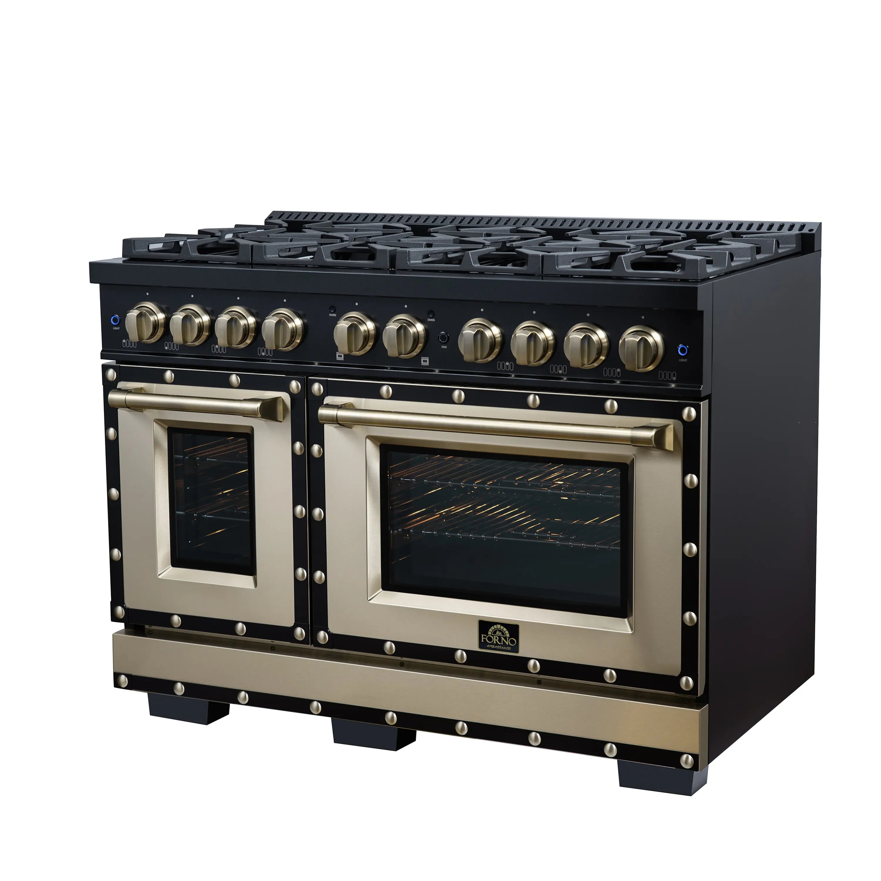 FORNO Valente 48-Inch Dual Fuel Range in Black  with Antique Brass Handle and Decorative Copper Trim, 6.7 Cu. Ft. Double Oven, 8 Sealed Burners, 94,000 BTU (FFSGS6199-48CPBLK)