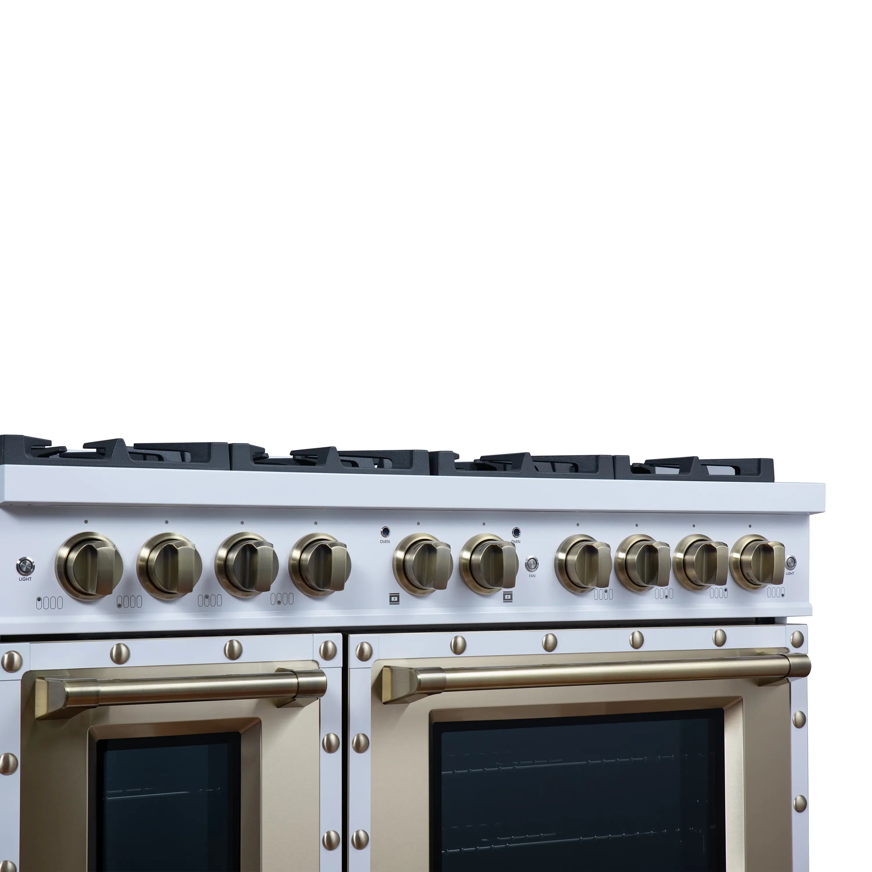 FORNO Valente 48-Inch Dual Fuel Range in White with Antique Brass Handle and Decorative Copper Trim, 6.7 Cu. Ft. Double Oven, 8 Sealed Burners, 94,000 BTU (FFSGS6199-48CPWHT)