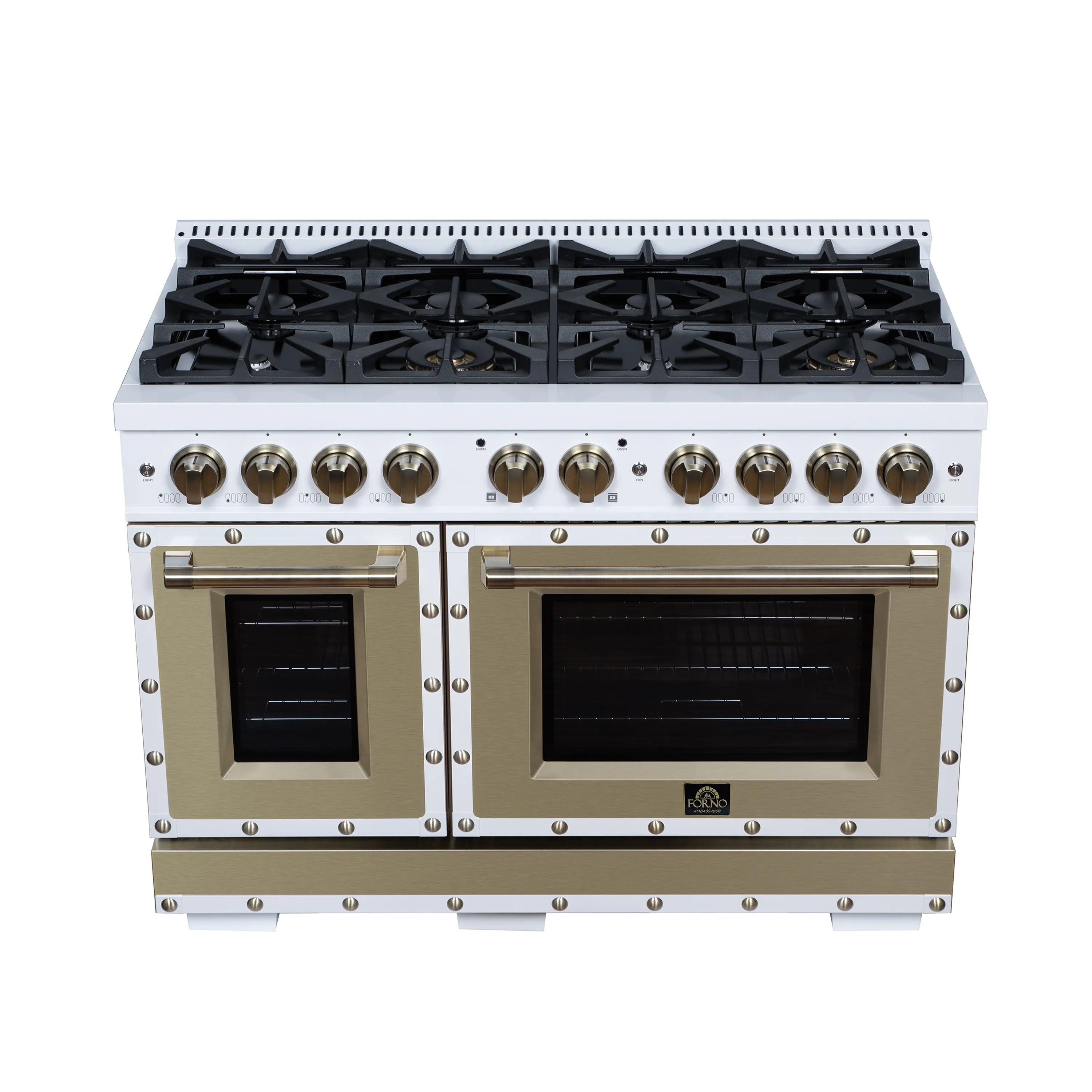 FORNO Valente 48-Inch Dual Fuel Range in White with Antique Brass Handle and Decorative Copper Trim, 6.7 Cu. Ft. Double Oven, 8 Sealed Burners, 94,000 BTU (FFSGS6199-48CPWHT)