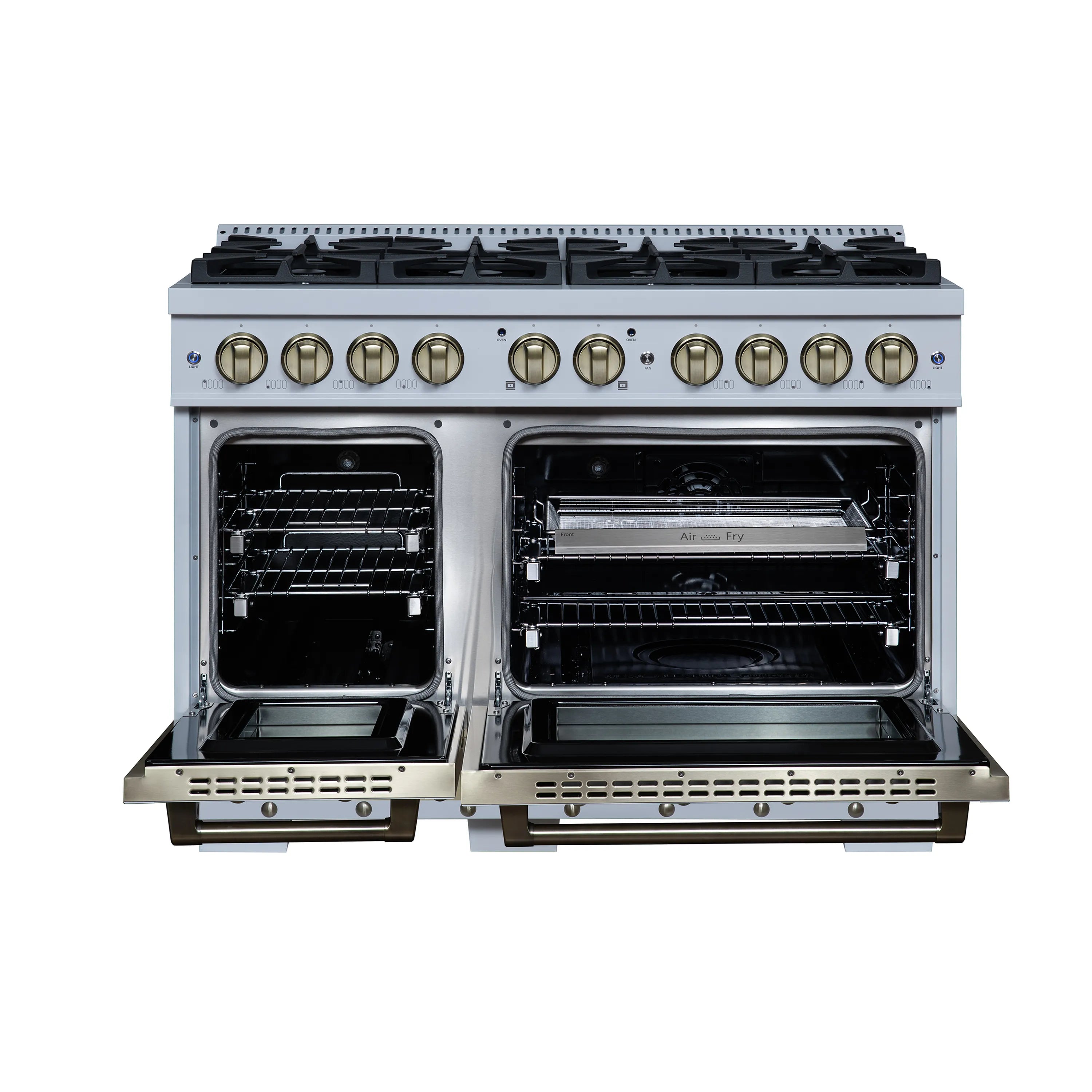 FORNO Valente 48-Inch Dual Fuel Range in White with Antique Brass Handle and Decorative Copper Trim, 6.7 Cu. Ft. Double Oven, 8 Sealed Burners, 94,000 BTU (FFSGS6199-48CPWHT)