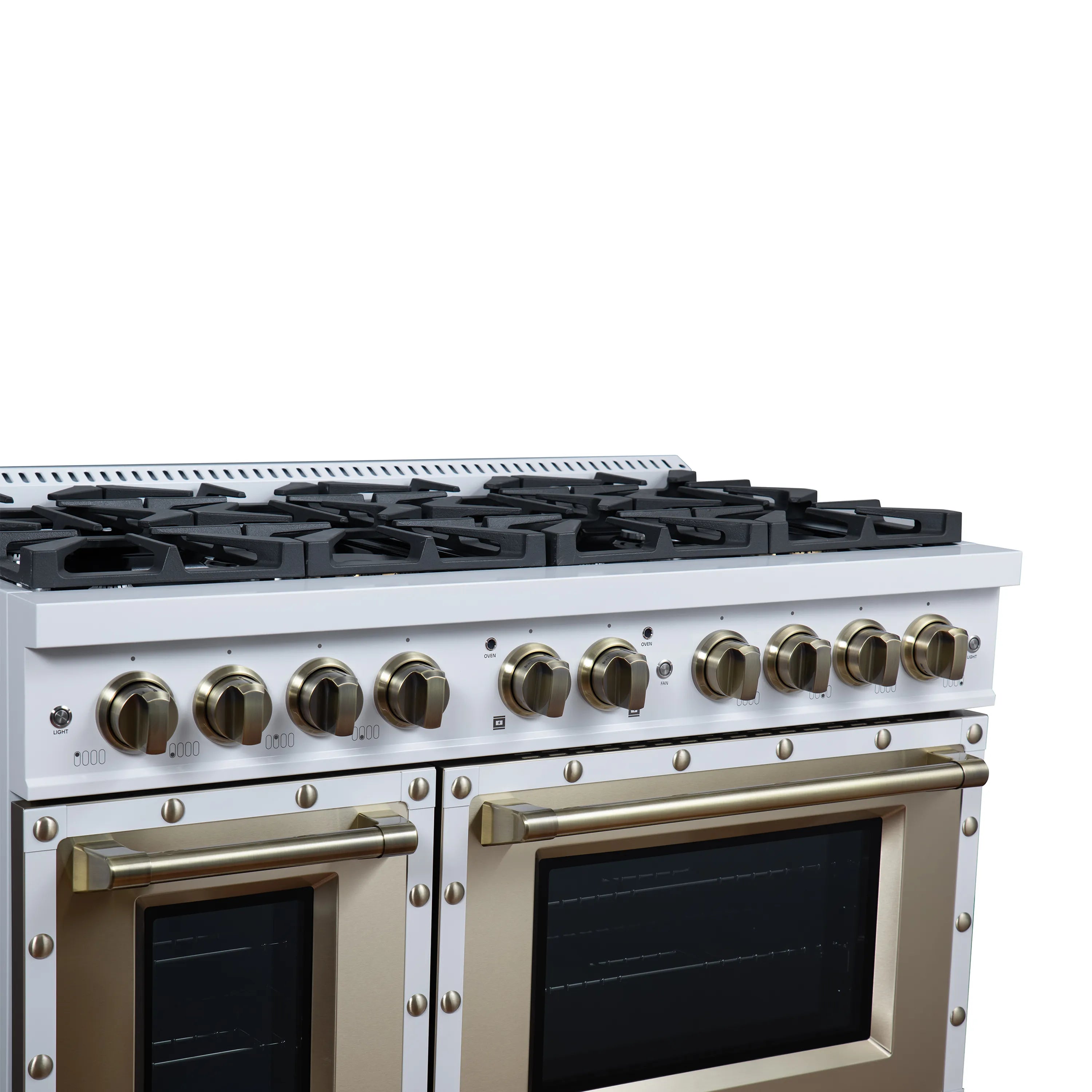 FORNO Valente 48-Inch Dual Fuel Range in White with Antique Brass Handle and Decorative Copper Trim, 6.7 Cu. Ft. Double Oven, 8 Sealed Burners, 94,000 BTU (FFSGS6199-48CPWHT)
