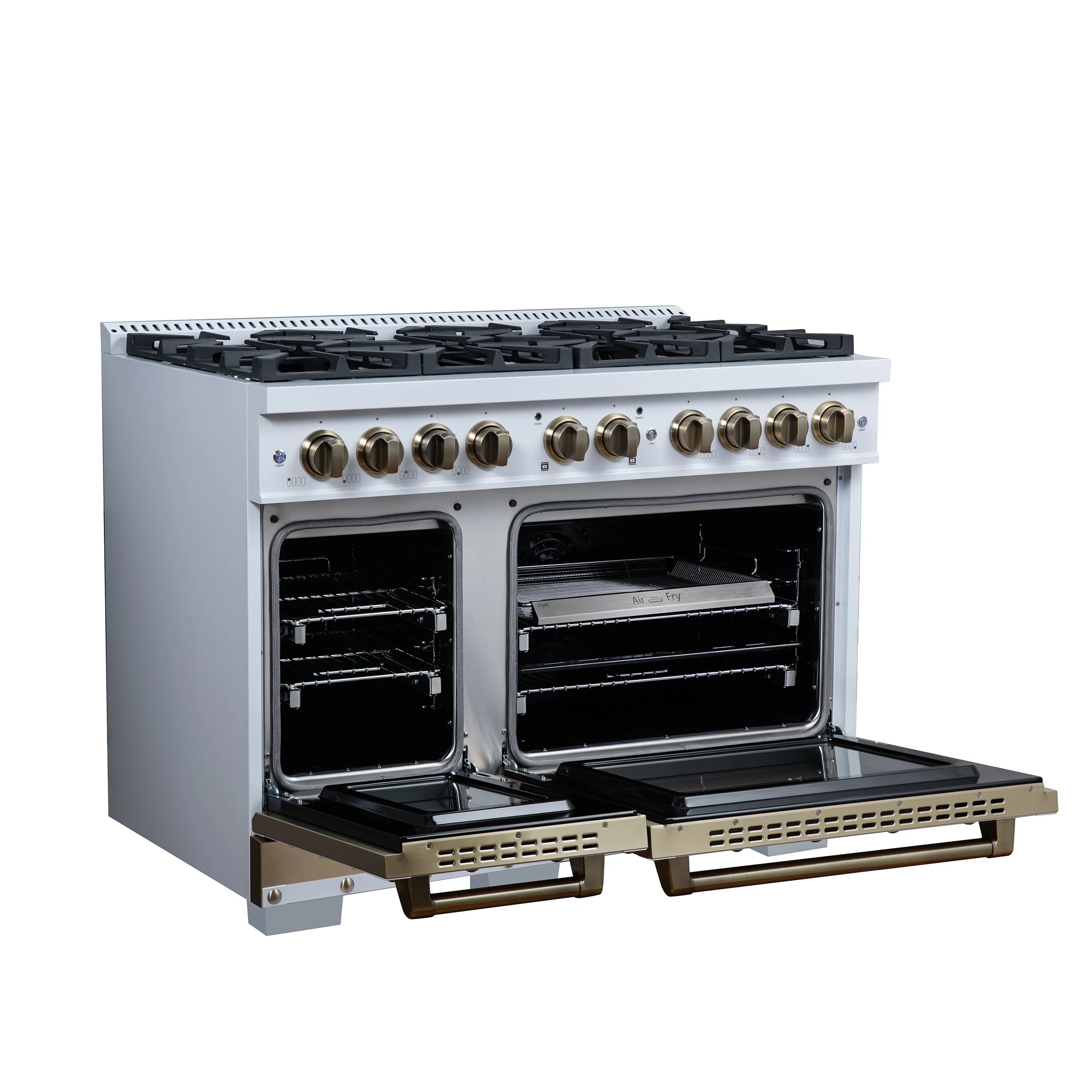 FORNO Valente 48-Inch Dual Fuel Range in White with Antique Brass Handle and Decorative Copper Trim, 6.7 Cu. Ft. Double Oven, 8 Sealed Burners, 94,000 BTU (FFSGS6199-48CPWHT)
