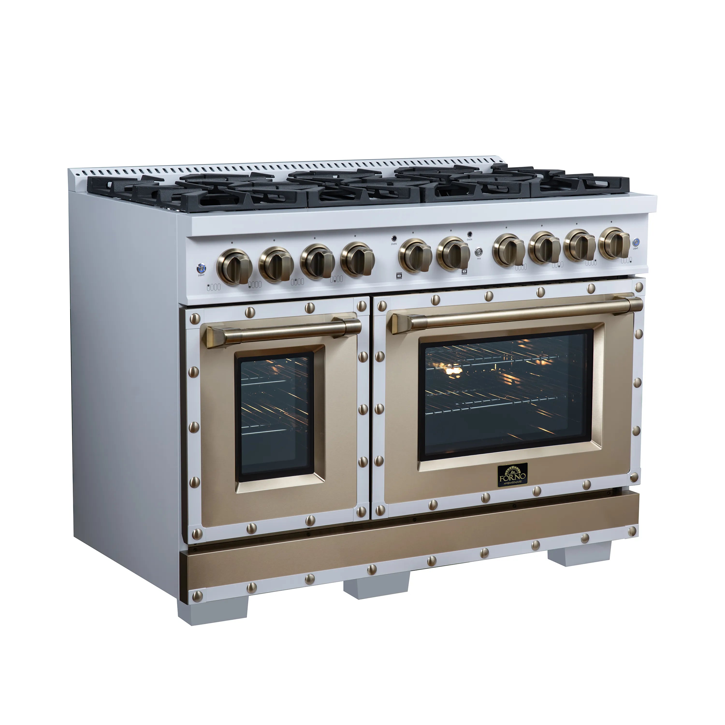 FORNO Valente 48-Inch Dual Fuel Range in White with Antique Brass Handle and Decorative Copper Trim, 6.7 Cu. Ft. Double Oven, 8 Sealed Burners, 94,000 BTU (FFSGS6199-48CPWHT)