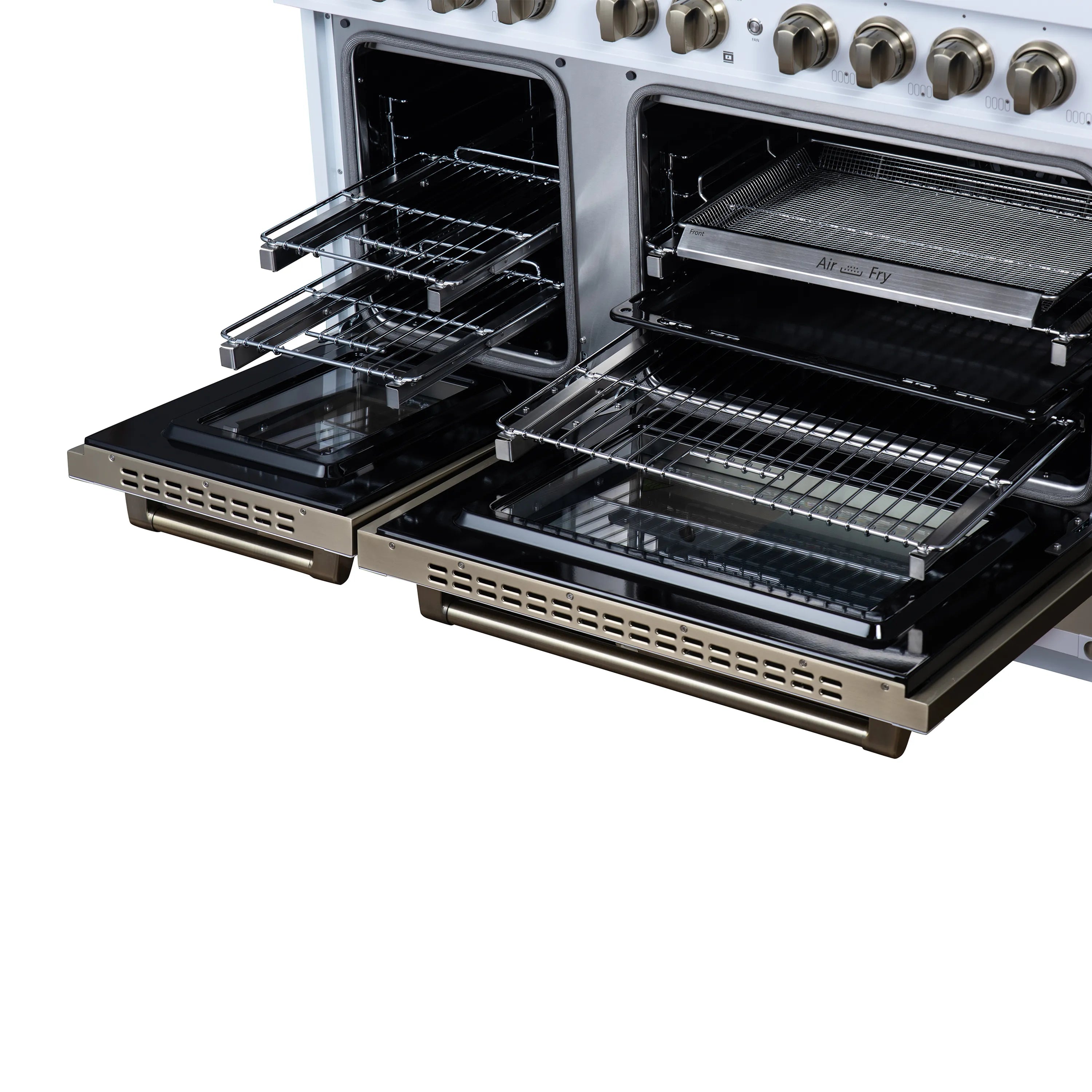 FORNO Valente 48-Inch Dual Fuel Range in White with Antique Brass Handle and Decorative Copper Trim, 6.7 Cu. Ft. Double Oven, 8 Sealed Burners, 94,000 BTU (FFSGS6199-48CPWHT)