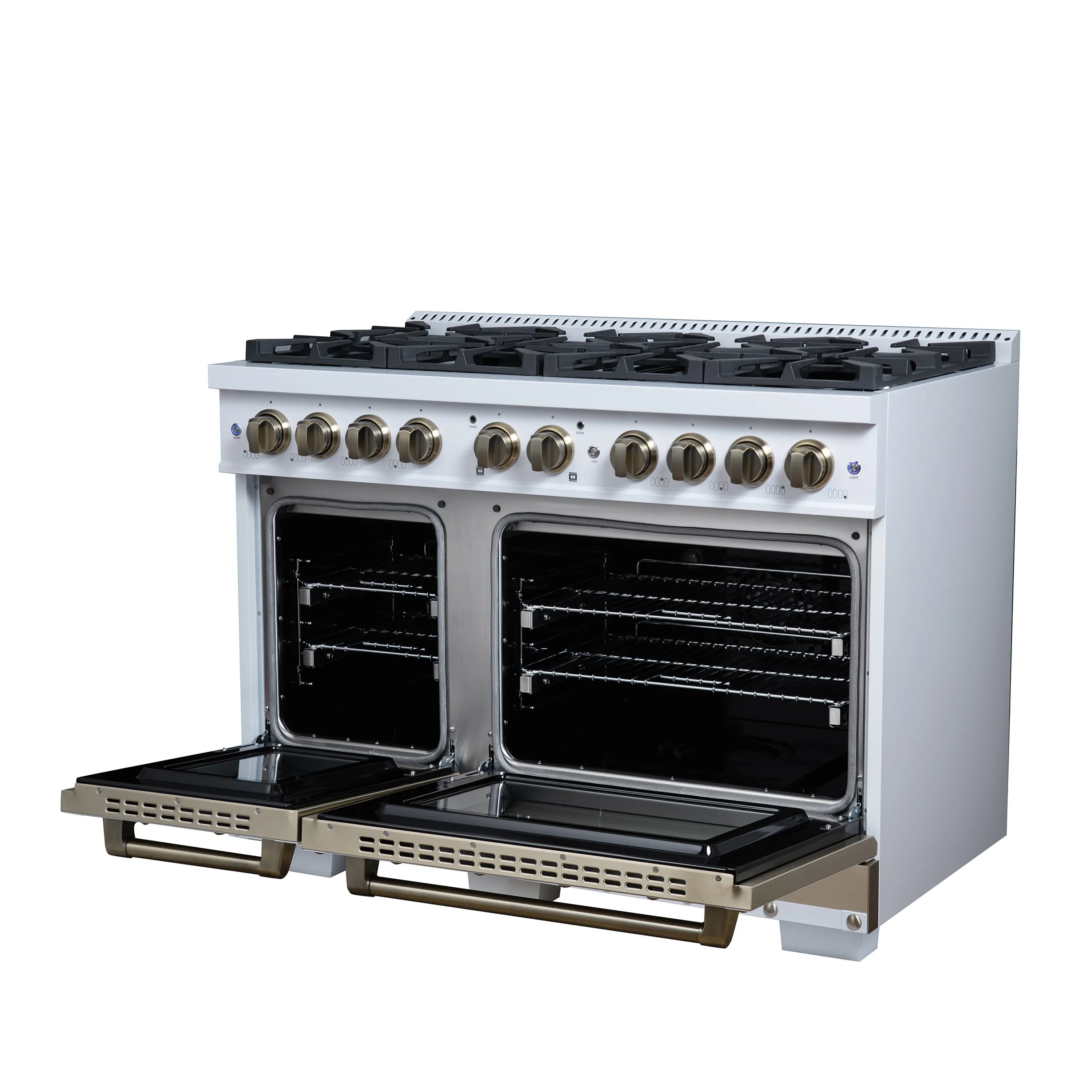 FORNO Valente 48-Inch Dual Fuel Range in White with Antique Brass Handle and Decorative Copper Trim, 6.7 Cu. Ft. Double Oven, 8 Sealed Burners, 94,000 BTU (FFSGS6199-48CPWHT)