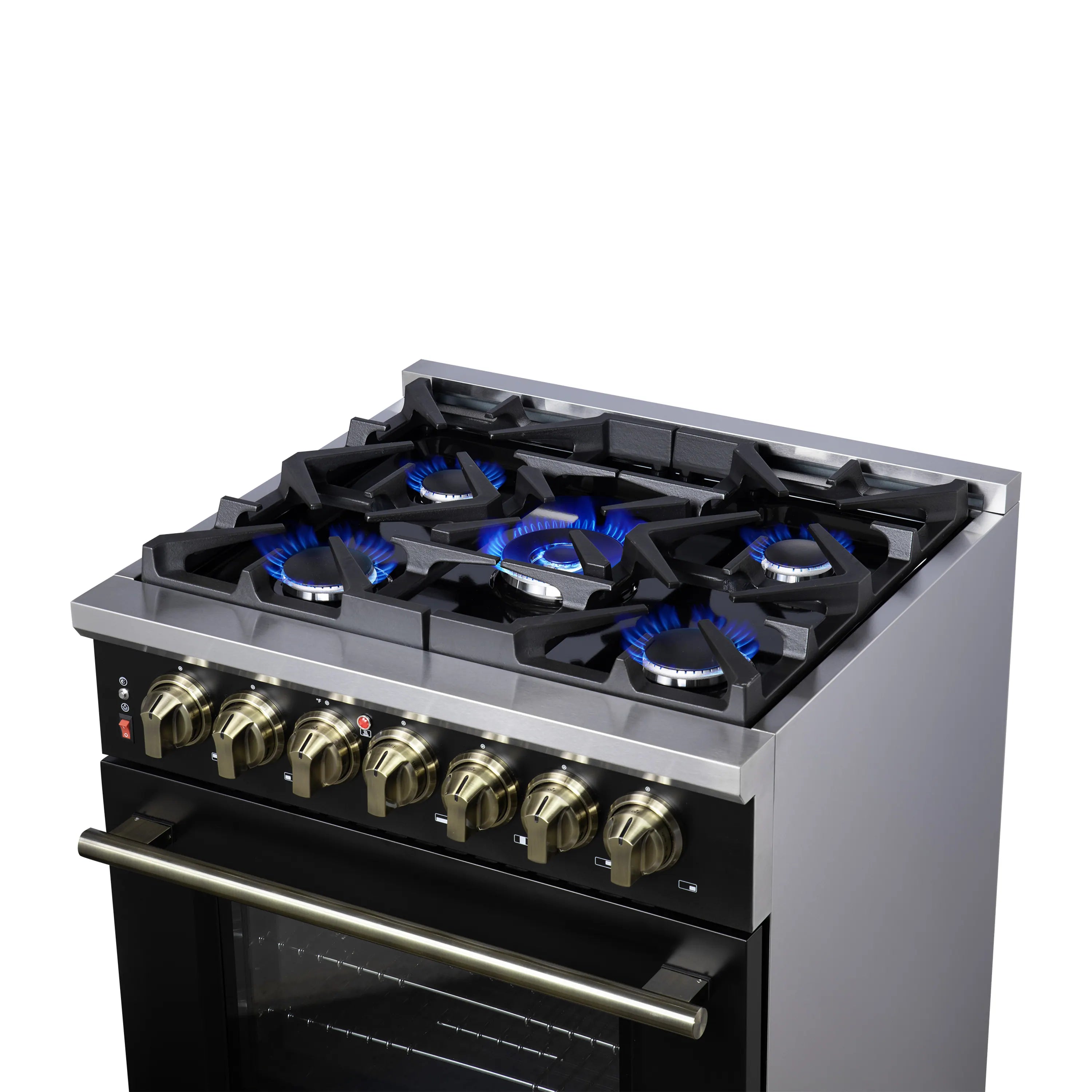 Forno Massimo 30-Inch Freestanding Dual Fuel Range with 4 Burners & 4.32 Cu. Ft. Convection Oven in Black with Antique Brass Handle (FFSGS6125-30BLK)