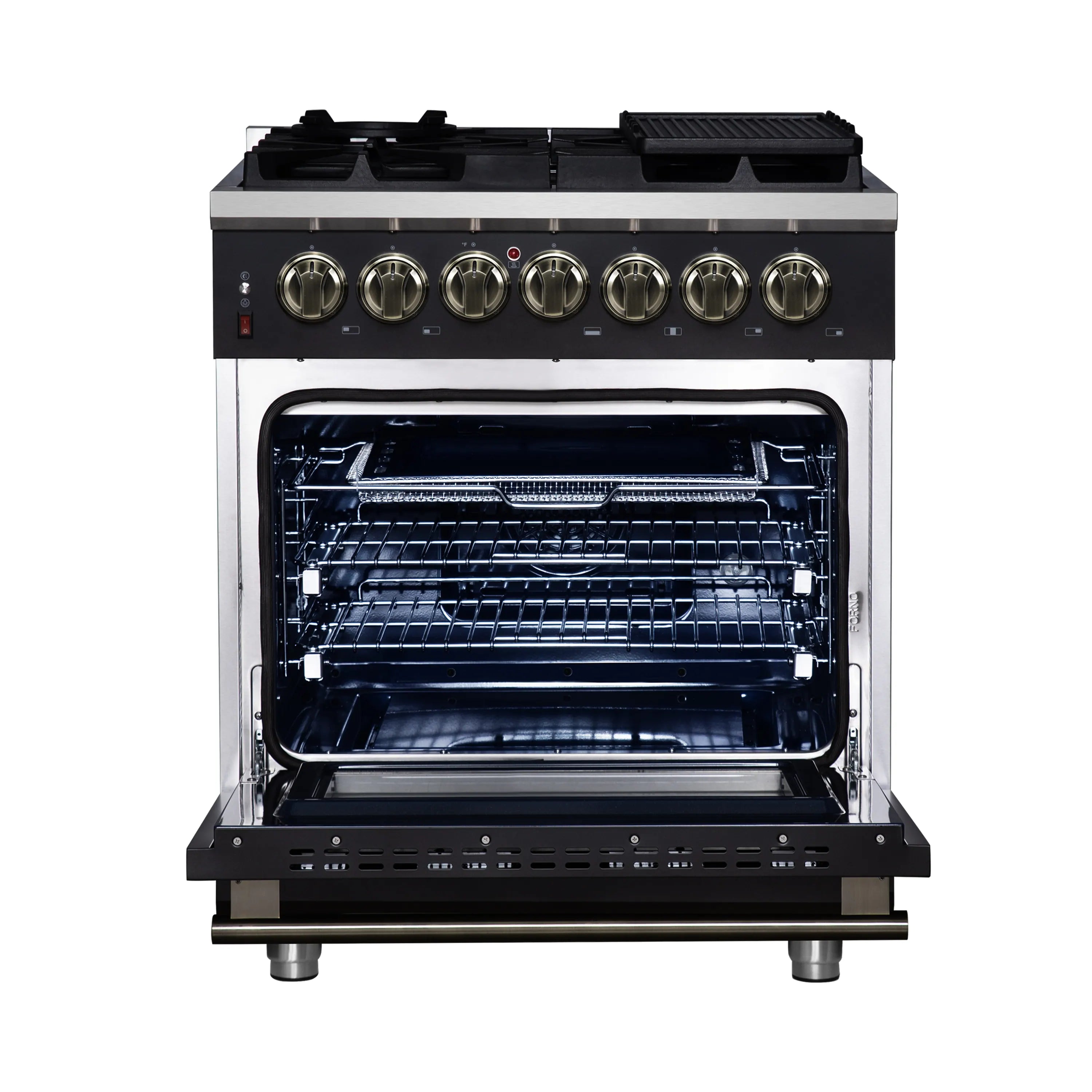 Forno Massimo 30-Inch Freestanding Dual Fuel Range with 4 Burners & 4.32 Cu. Ft. Convection Oven in Black with Antique Brass Handle (FFSGS6125-30BLK)