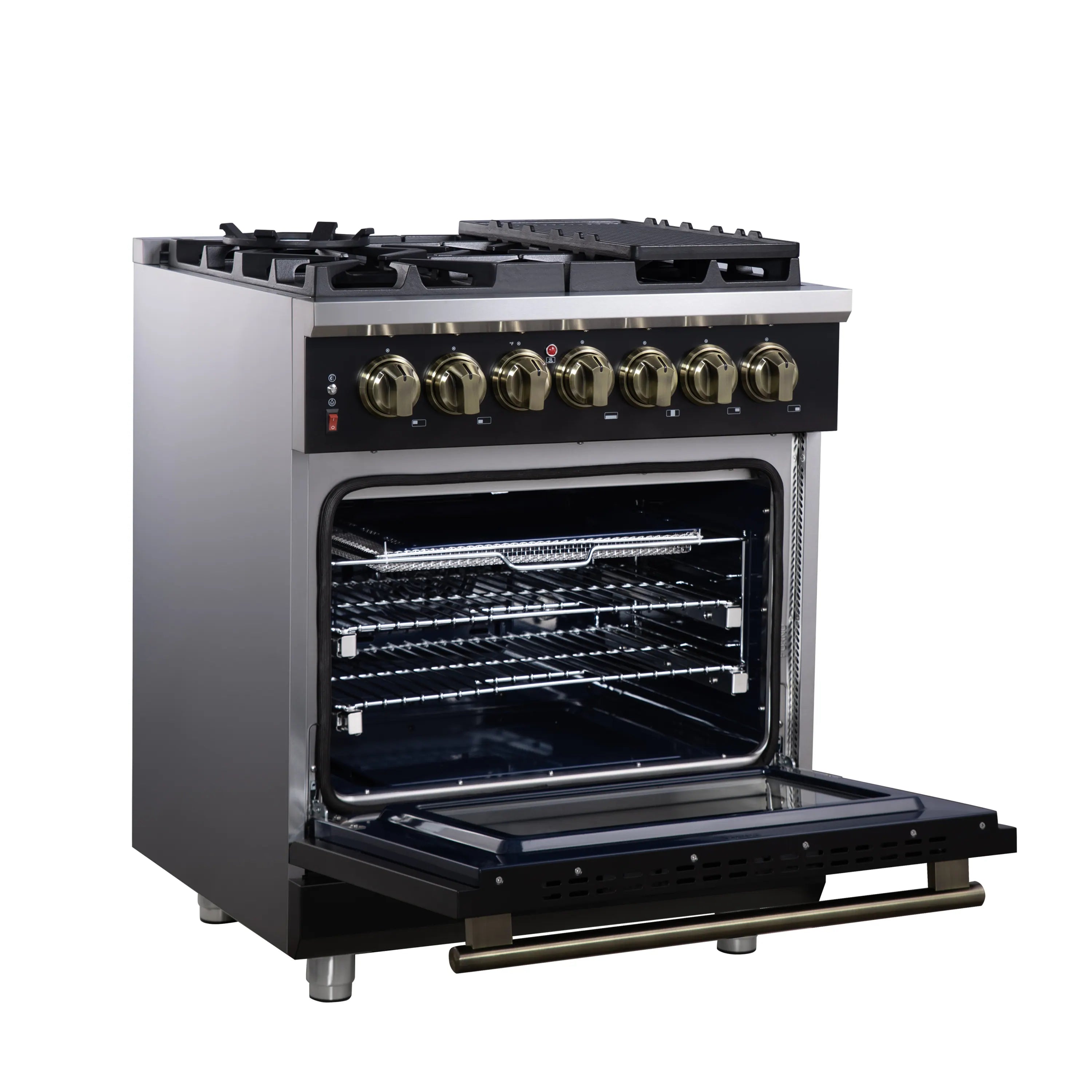 Forno Massimo 30-Inch Freestanding Dual Fuel Range with 4 Burners & 4.32 Cu. Ft. Convection Oven in Black with Antique Brass Handle (FFSGS6125-30BLK)