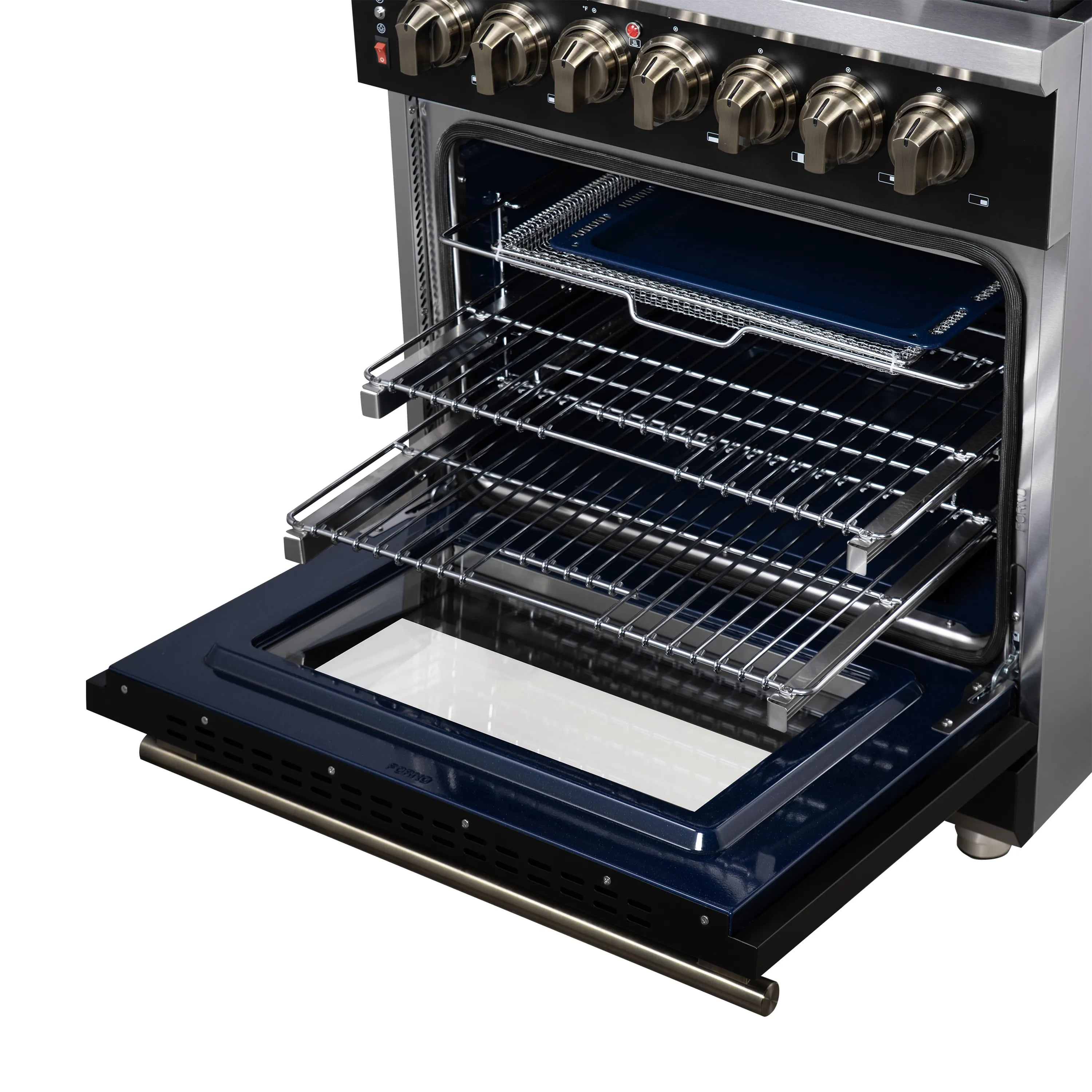 Forno Massimo 30-Inch Freestanding Dual Fuel Range with 4 Burners & 4.32 Cu. Ft. Convection Oven in Black with Antique Brass Handle (FFSGS6125-30BLK)