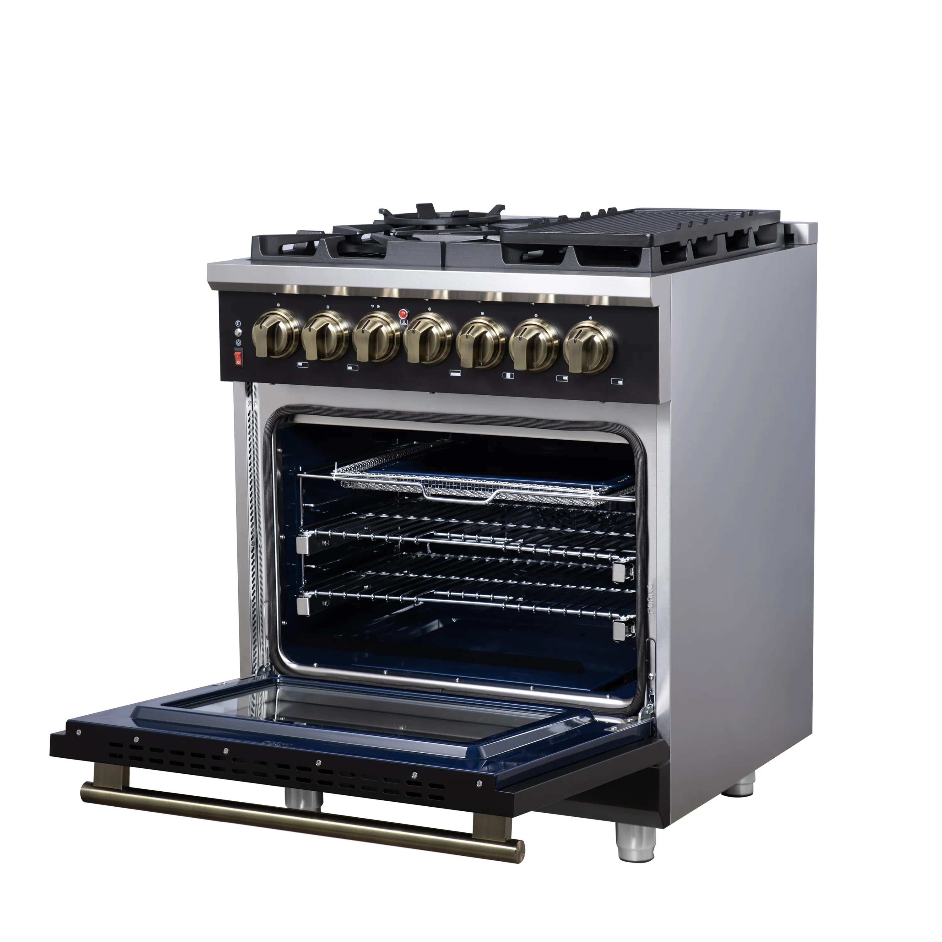 Forno Massimo 30-Inch Freestanding Dual Fuel Range with 4 Burners & 4.32 Cu. Ft. Convection Oven in Black with Antique Brass Handle (FFSGS6125-30BLK)