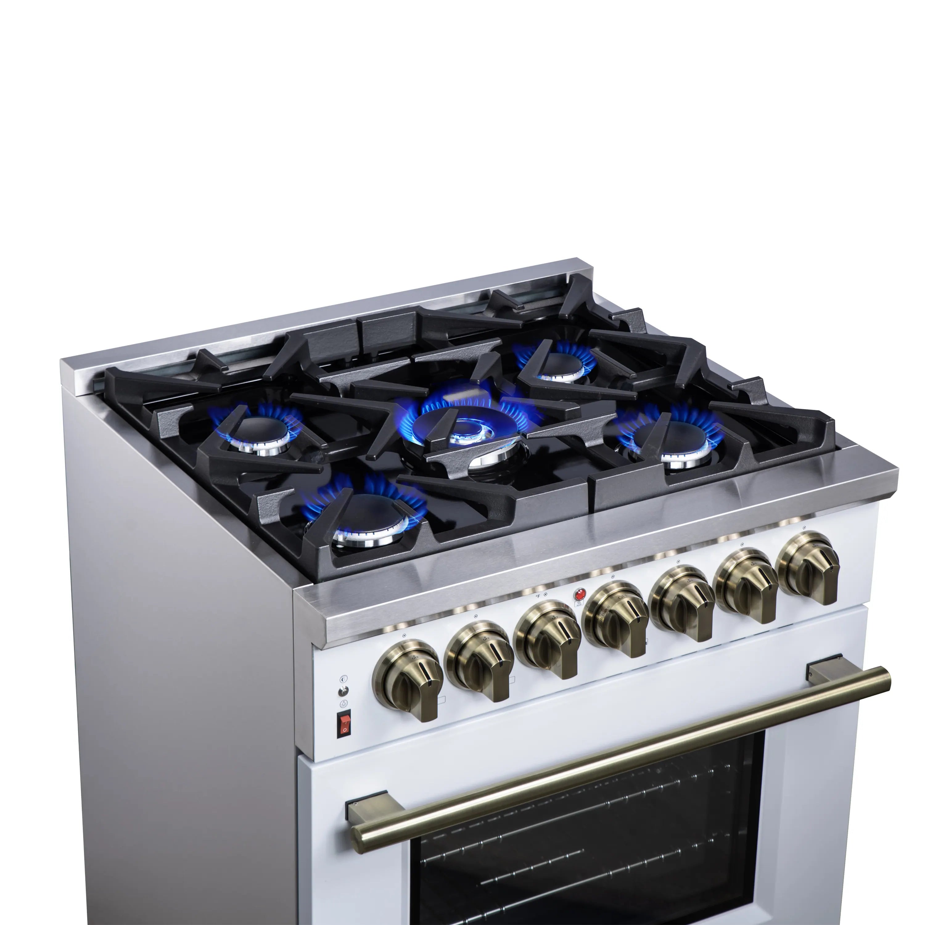 Forno Massimo 30-Inch Freestanding Dual Fuel Range with 5 Burners & 4.32 Cu. Ft. Convection Oven in White with Antique Brass Handle (FFSGS6125-30WHT)