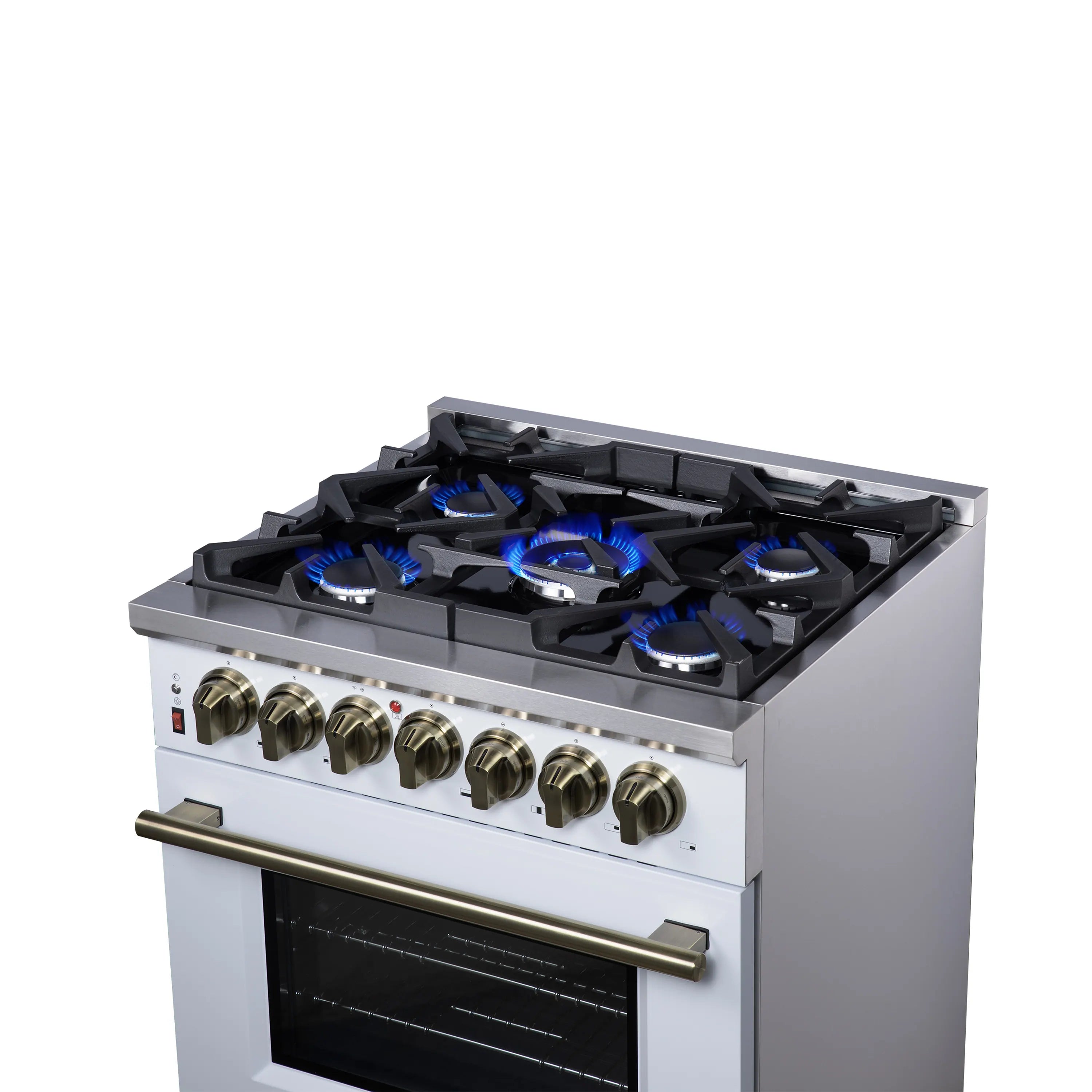 Forno Massimo 30-Inch Freestanding Dual Fuel Range with 5 Burners & 4.32 Cu. Ft. Convection Oven in White with Antique Brass Handle (FFSGS6125-30WHT)