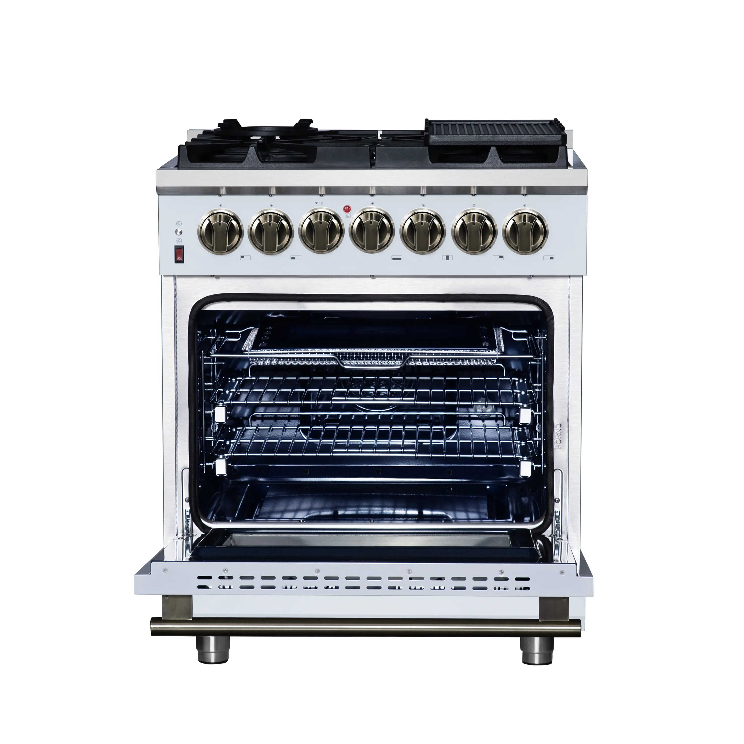 Forno Massimo 30-Inch Freestanding Dual Fuel Range with 5 Burners & 4.32 Cu. Ft. Convection Oven in White with Antique Brass Handle (FFSGS6125-30WHT)