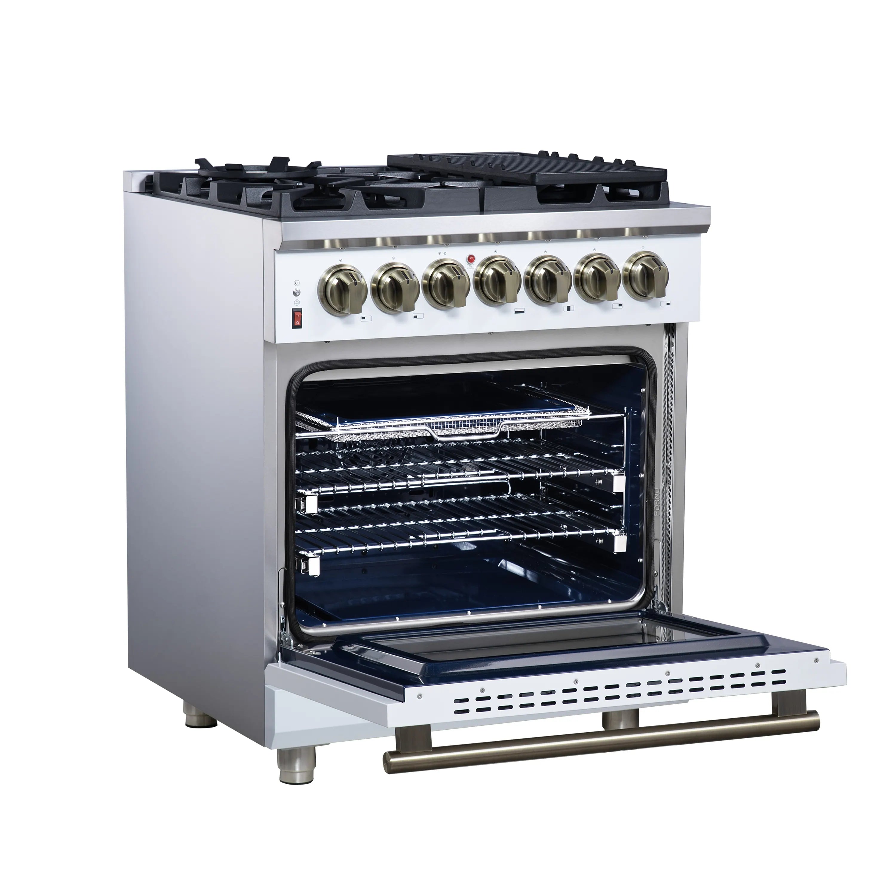 Forno Massimo 30-Inch Freestanding Dual Fuel Range with 5 Burners & 4.32 Cu. Ft. Convection Oven in White with Antique Brass Handle (FFSGS6125-30WHT)