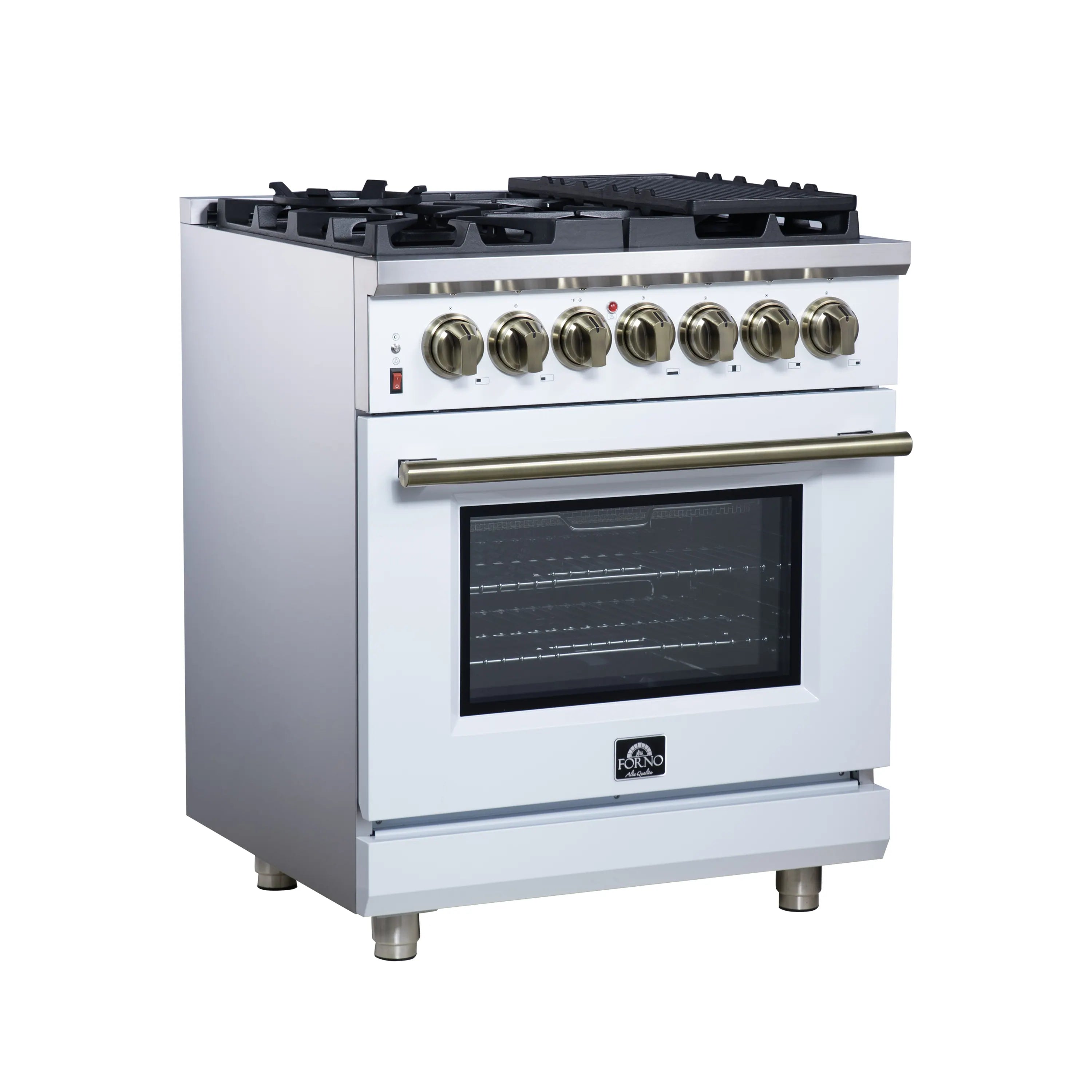 Forno Massimo 30-Inch Freestanding Dual Fuel Range with 5 Burners & 4.32 Cu. Ft. Convection Oven in White with Antique Brass Handle (FFSGS6125-30WHT)
