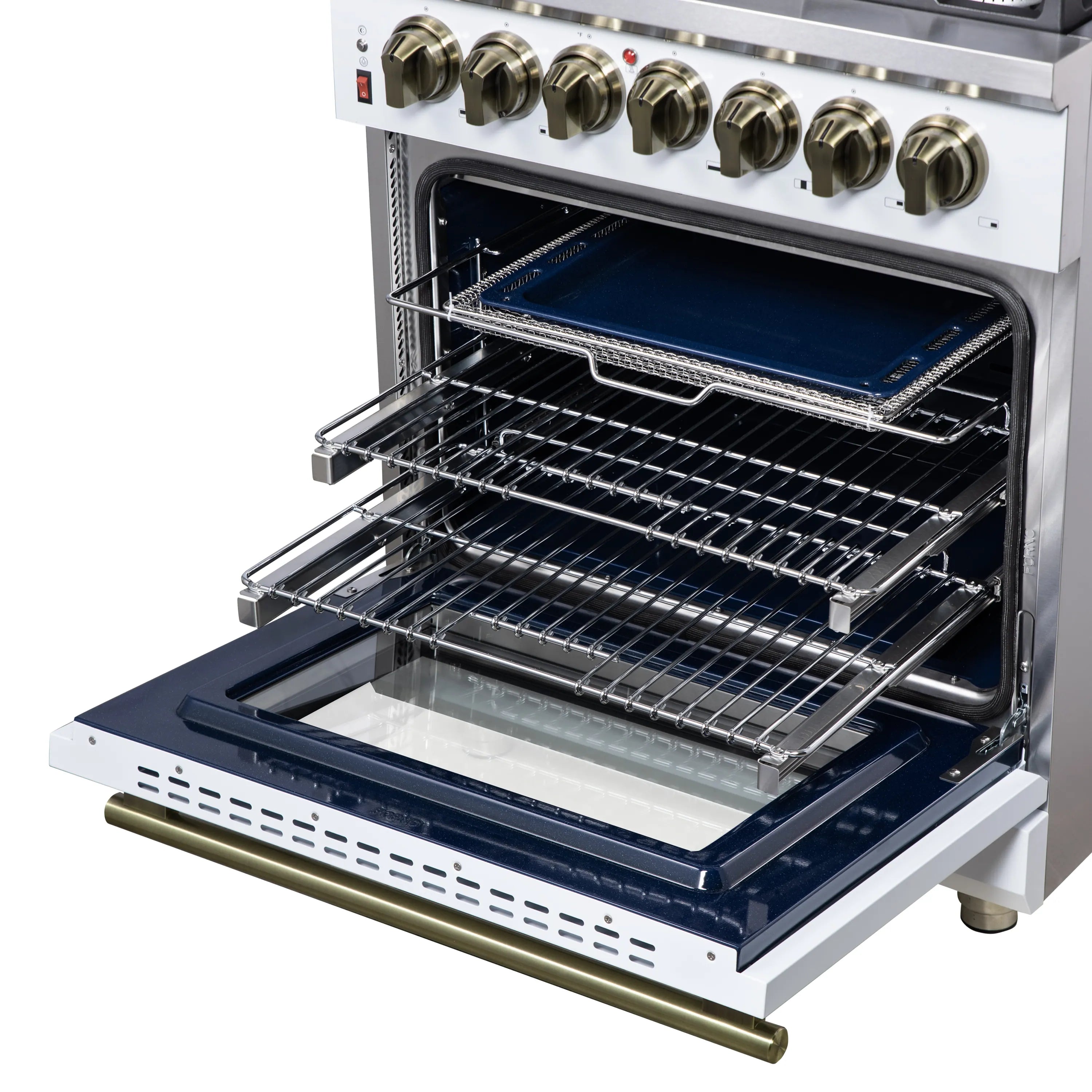 Forno Massimo 30-Inch Freestanding Dual Fuel Range with 5 Burners & 4.32 Cu. Ft. Convection Oven in White with Antique Brass Handle (FFSGS6125-30WHT)