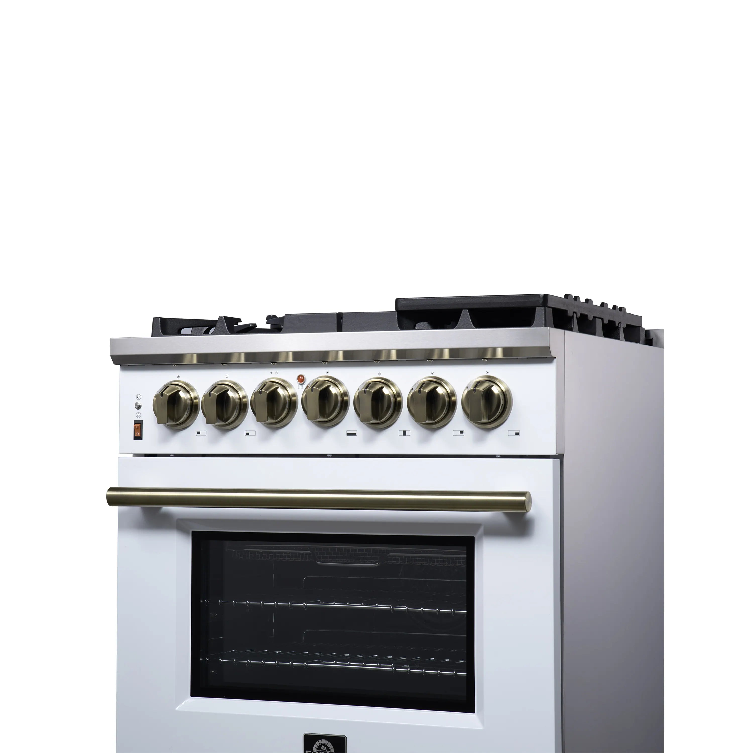 Forno Massimo 30-Inch Freestanding Dual Fuel Range with 5 Burners & 4.32 Cu. Ft. Convection Oven in White with Antique Brass Handle (FFSGS6125-30WHT)