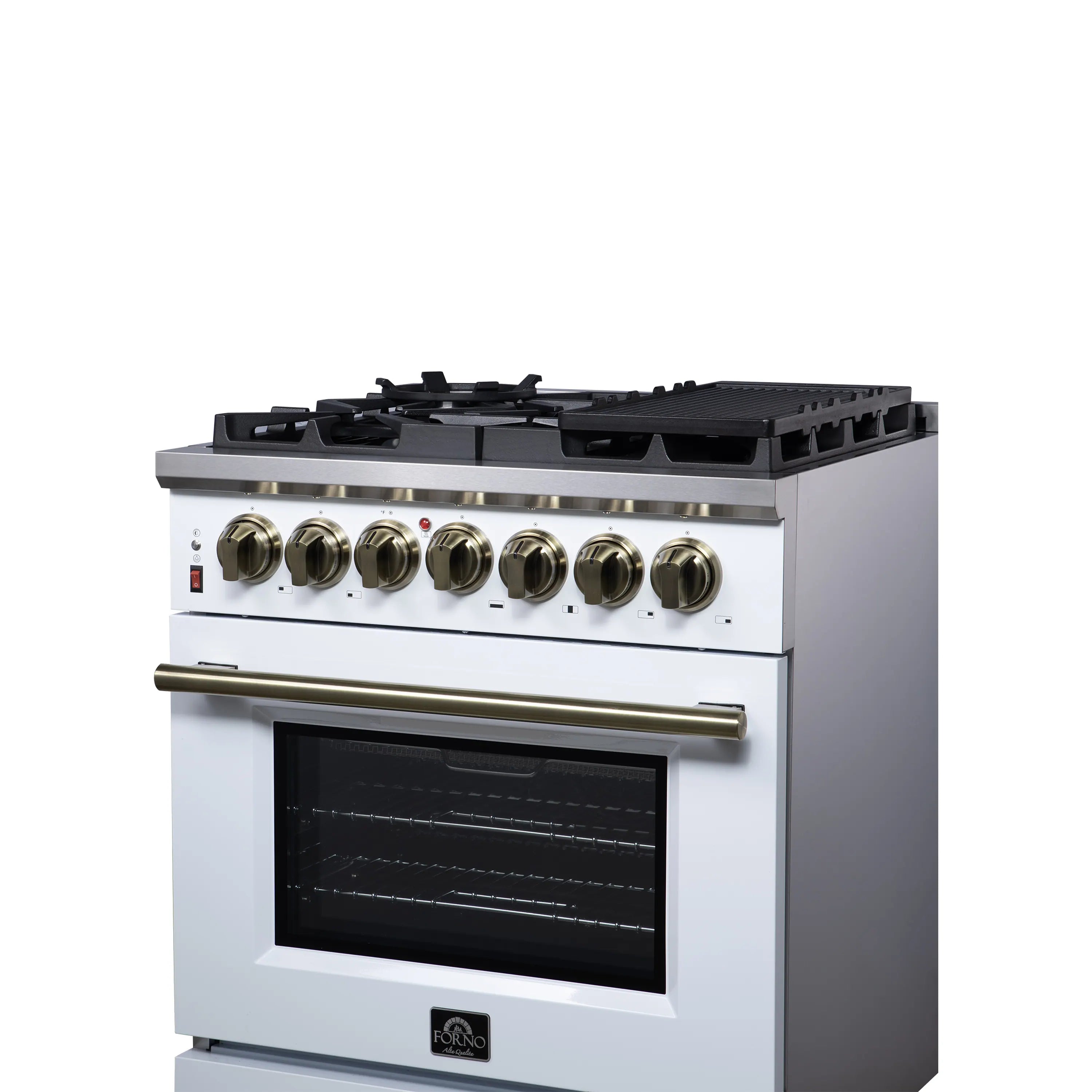 Forno Massimo 30-Inch Freestanding Dual Fuel Range with 5 Burners & 4.32 Cu. Ft. Convection Oven in White with Antique Brass Handle (FFSGS6125-30WHT)